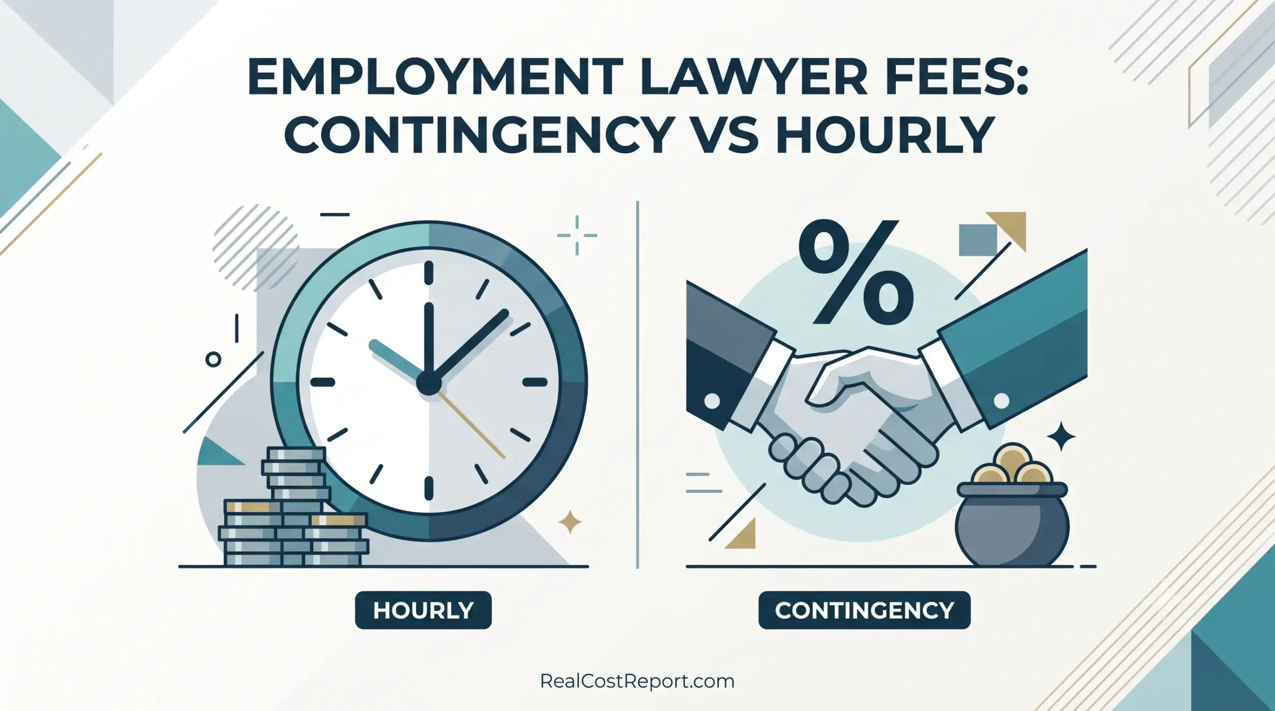 Flat vector illustration comparing hourly legal fees (clock and coins) with contingency fees (handshake and percentage symbol).