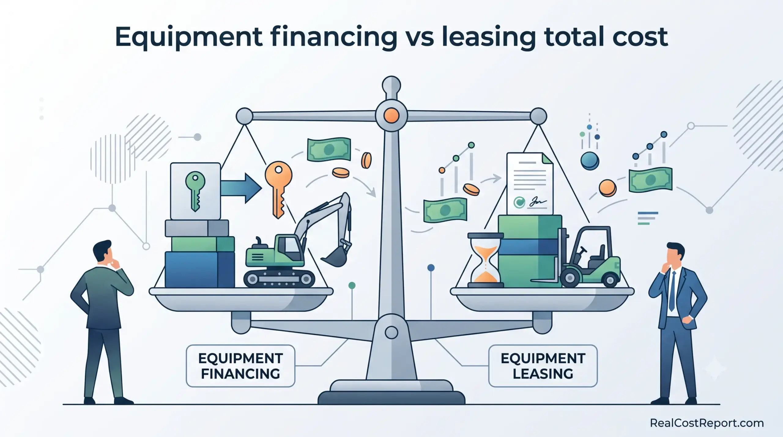 A vector illustration comparing equipment financing and leasing costs on a balance scale with business symbols and a URL.