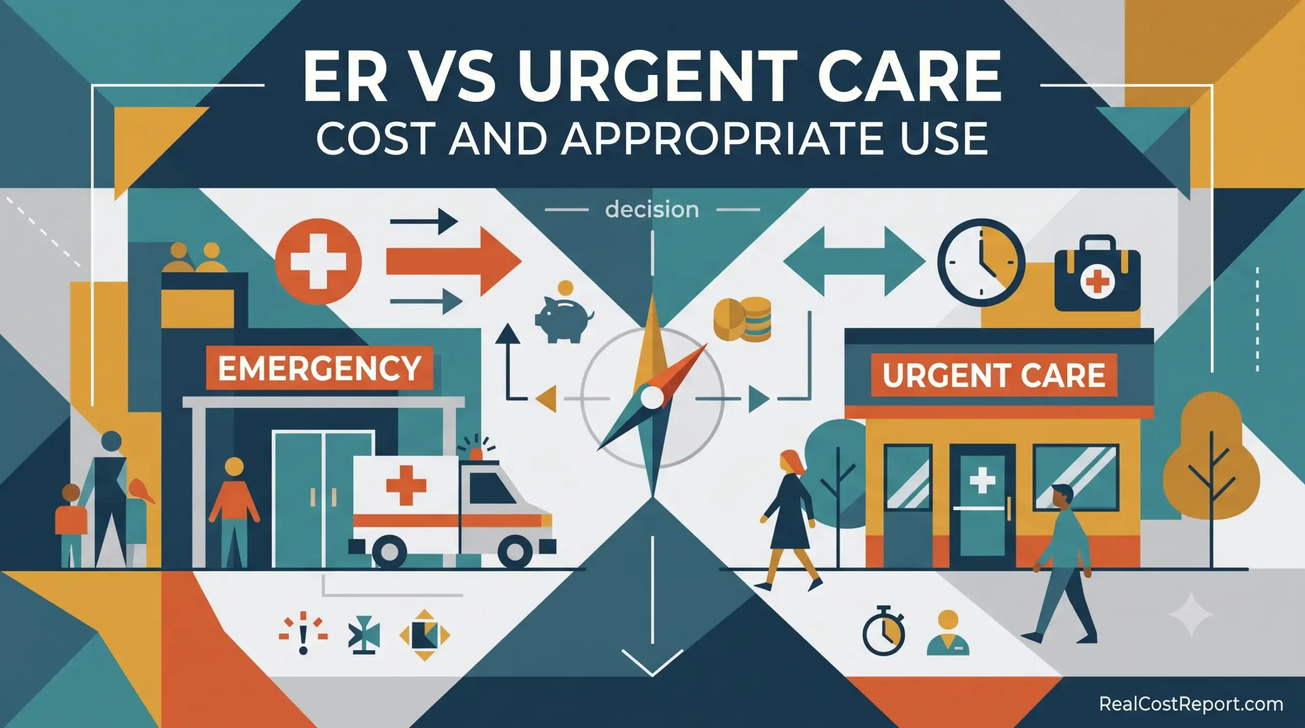 A geometric vector comparison of Emergency and Urgent Care services with a decision compass and cost icons.