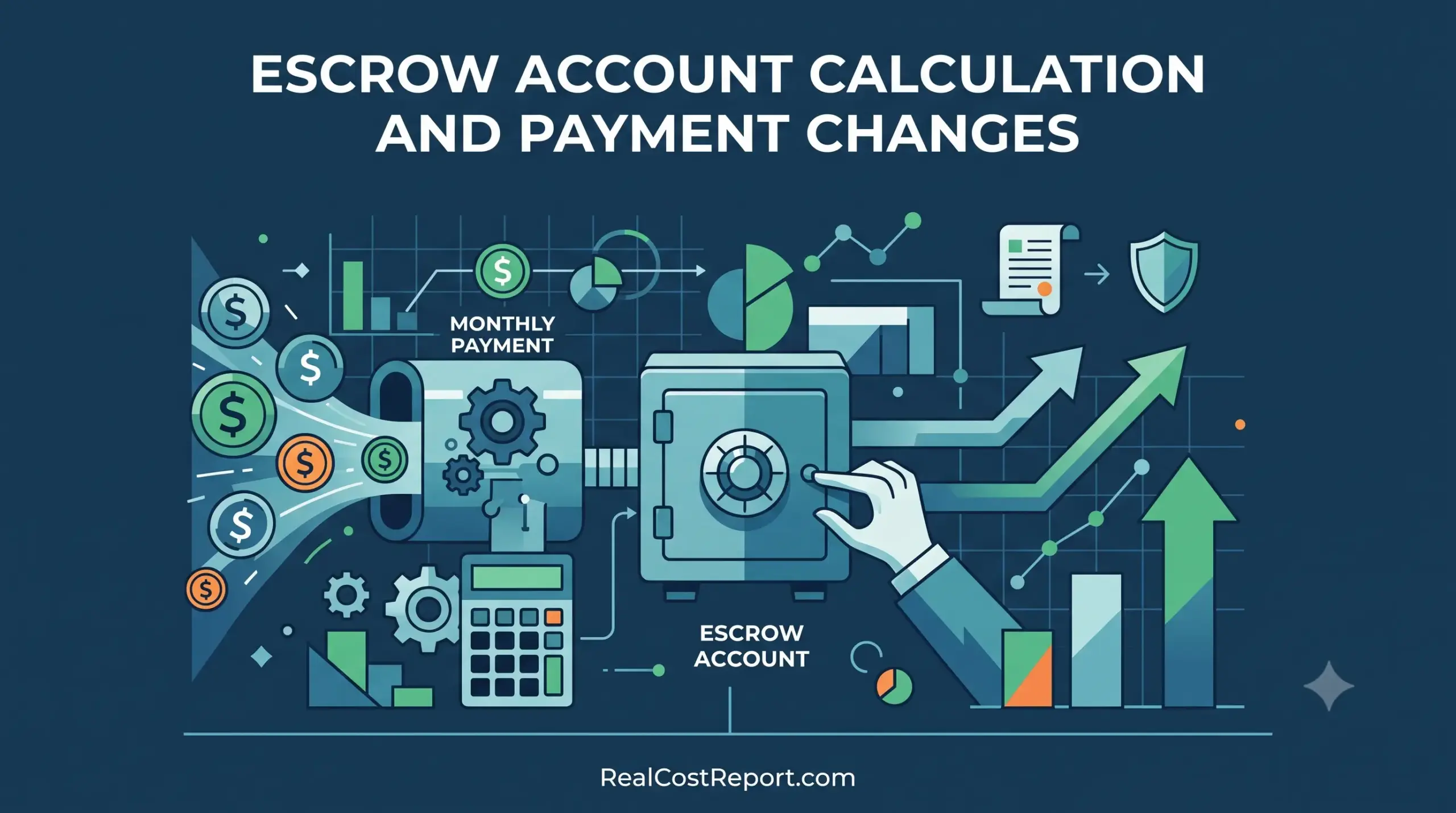 A vector illustration with a safe and calculator showing how changing property data affects escrow account payment calculations.