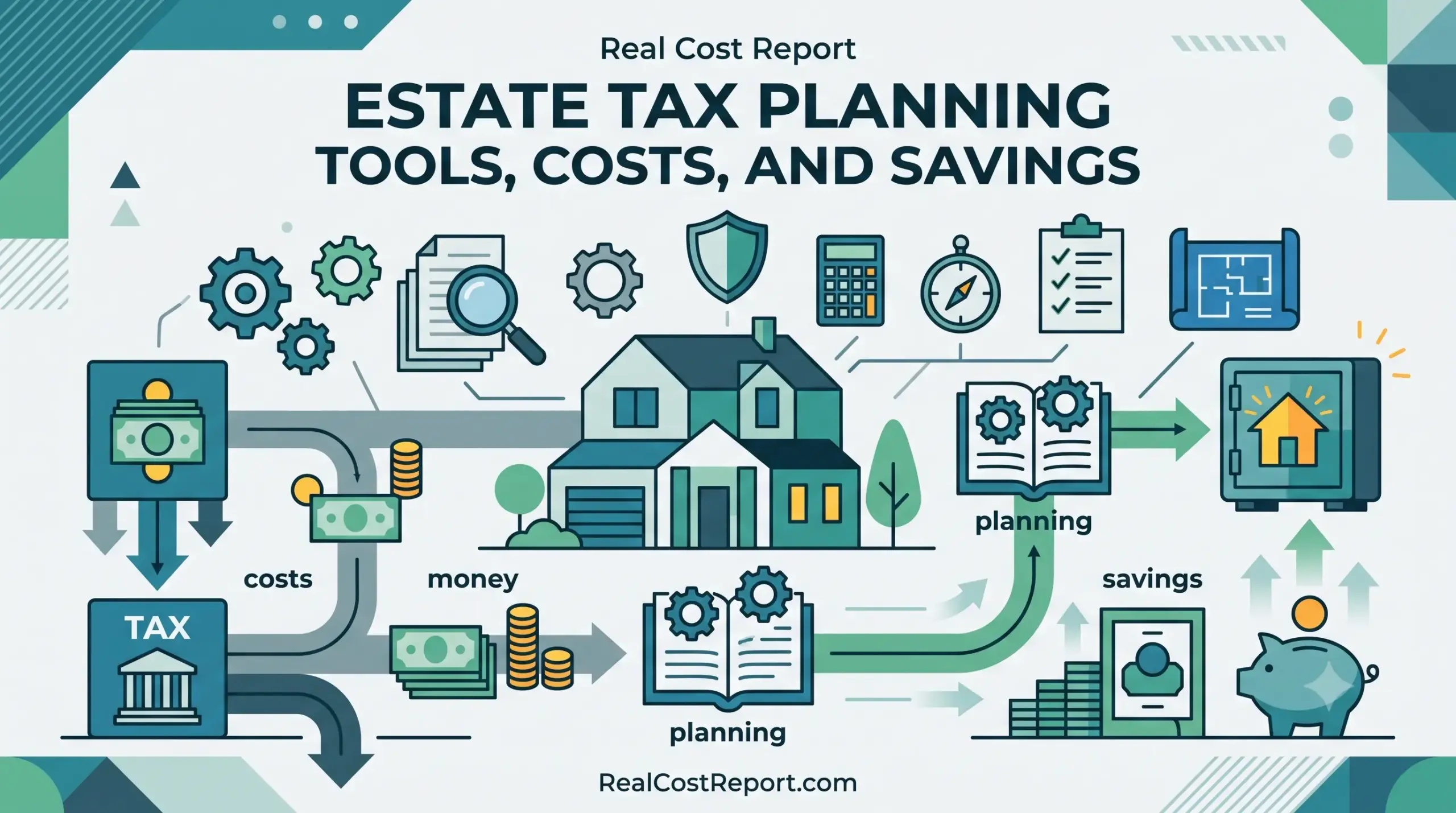 Minimal geometric vector illustration featuring a house, shield, piggy bank, and planning icons for an estate tax guide.