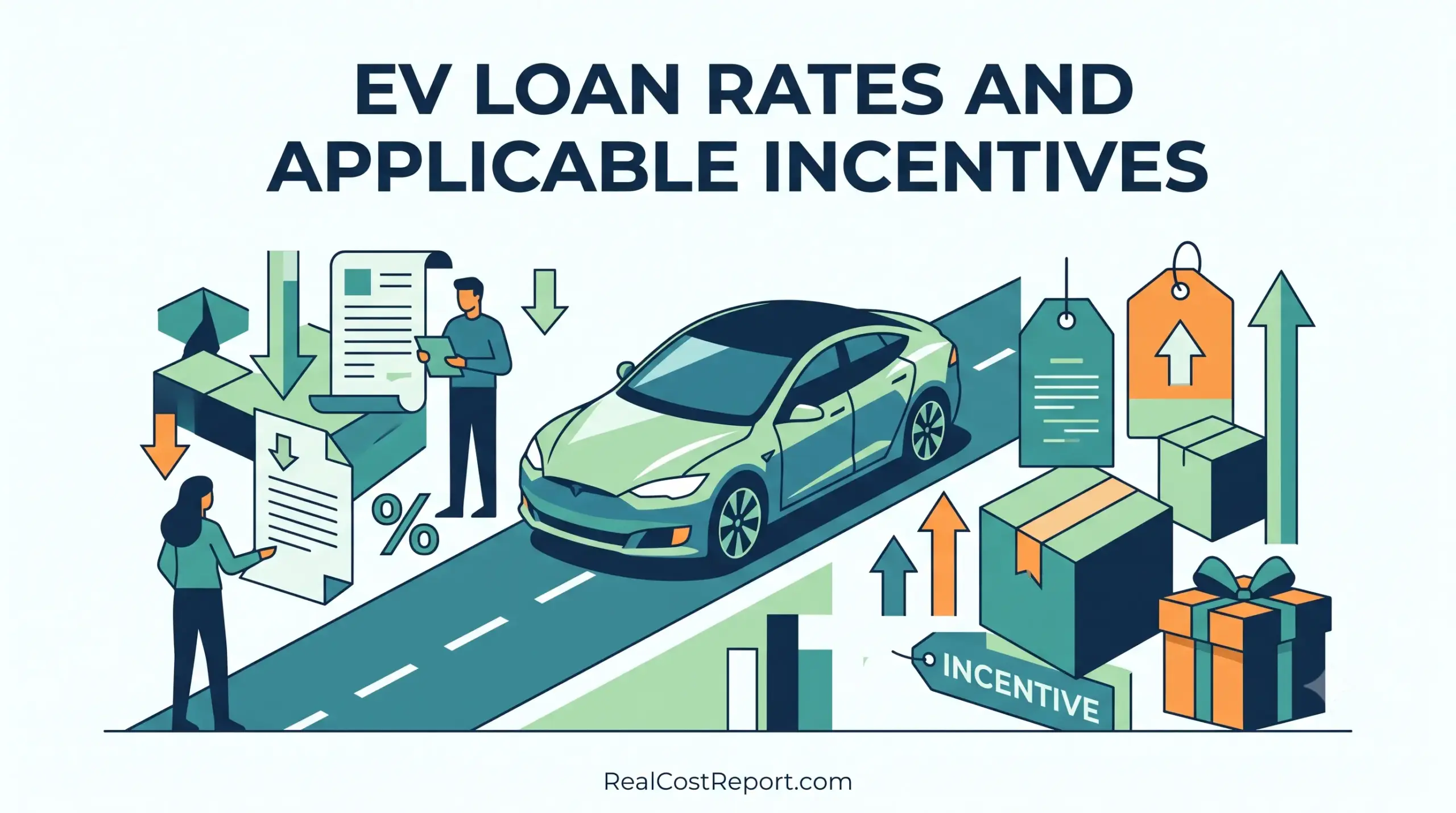 Geometric vector illustration of an electric car surrounded by loan document icons, percentage symbols, and incentive tags.