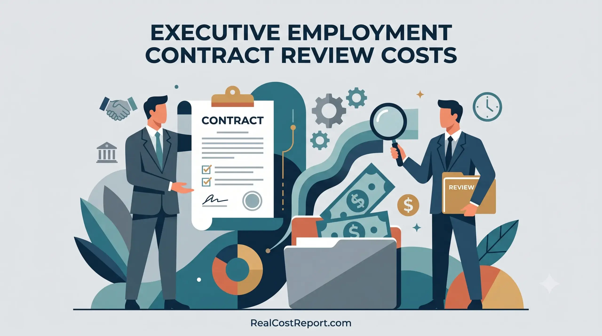 Geometric vector illustration of two business figures reviewing a contract, with a magnifying glass and legal folders.