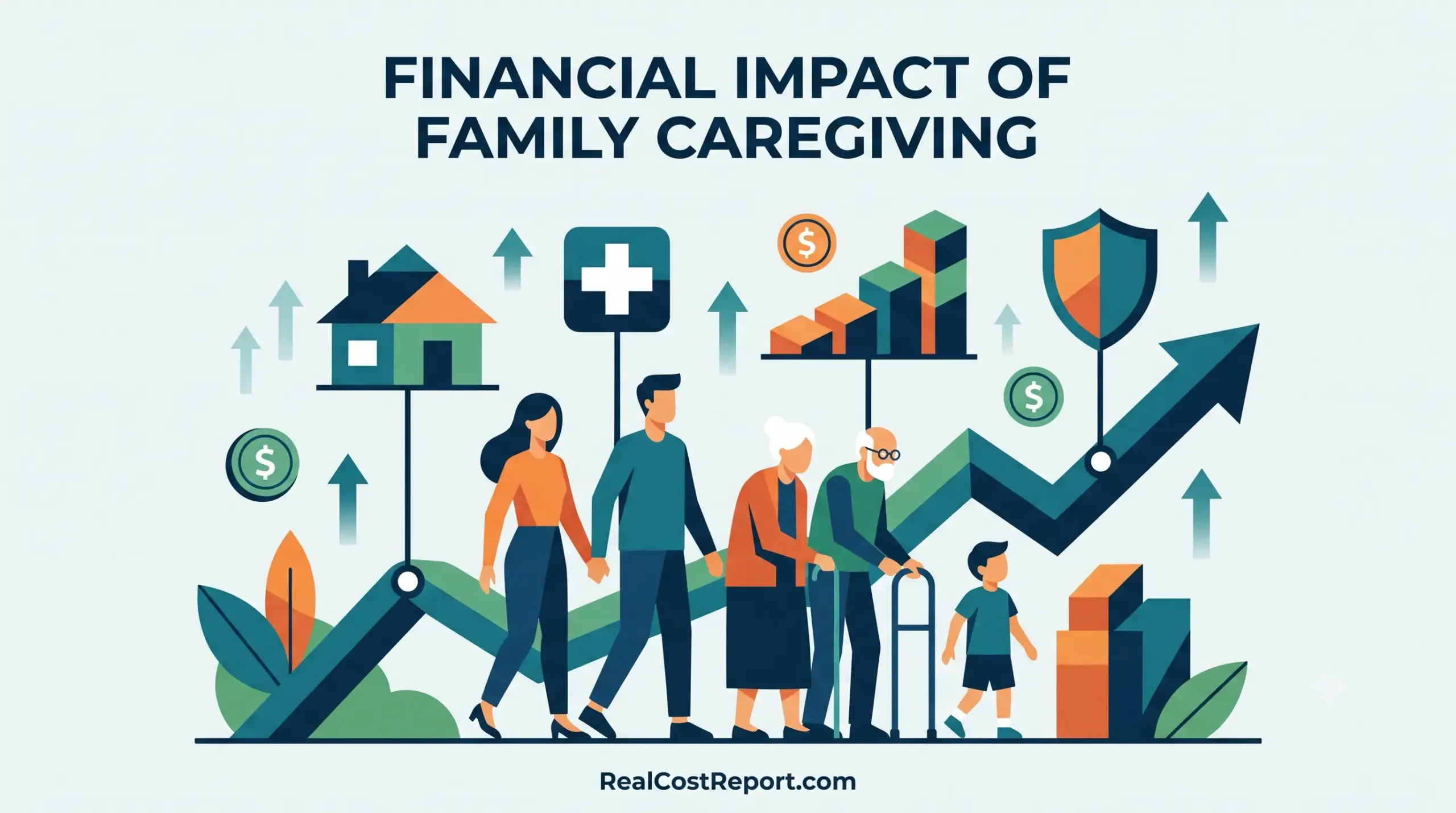 Flat vector illustration showing a family supporting elderly parents, with rising cost icons for housing and medical needs, for RealCostReport.com.