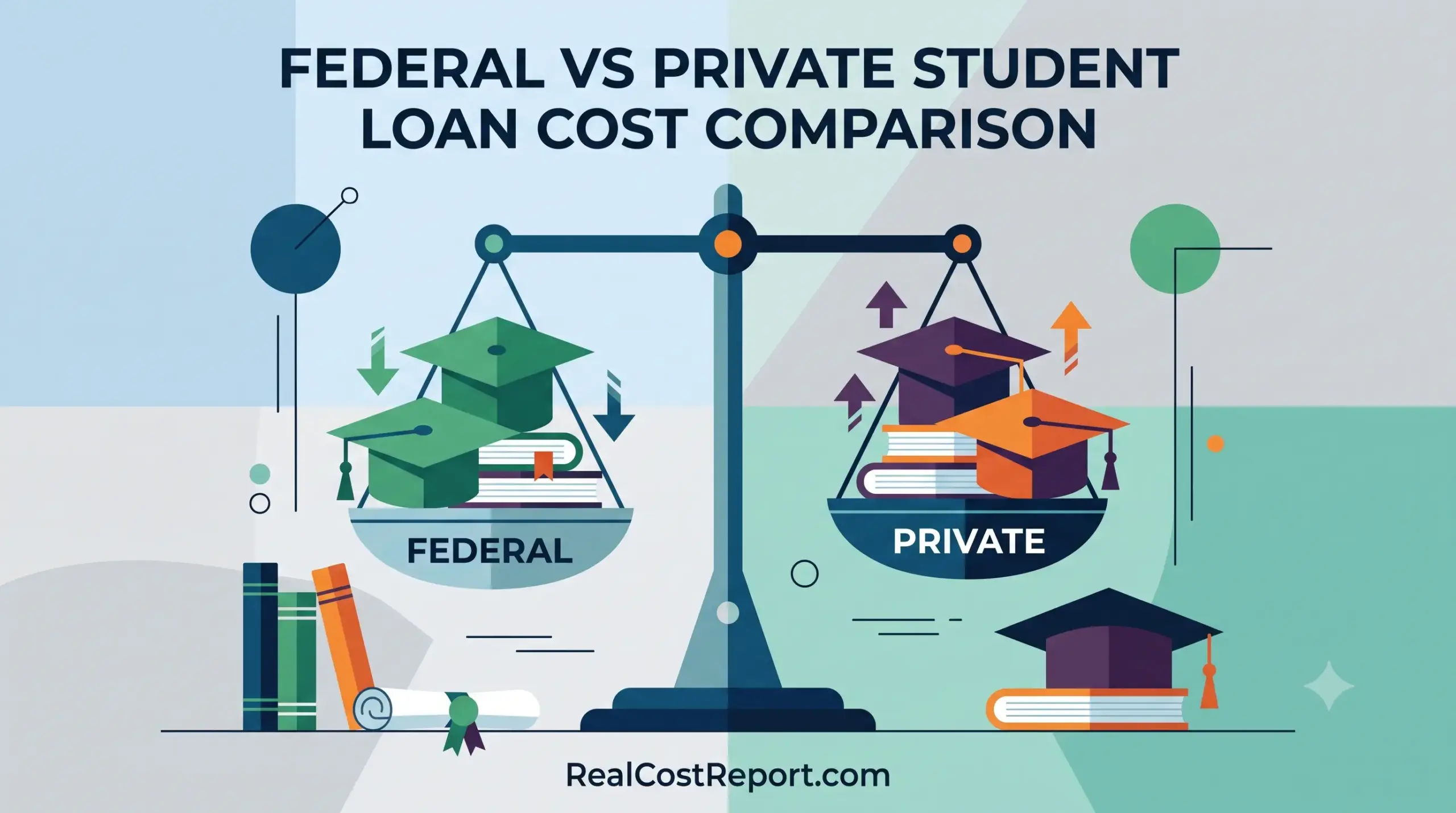 A stylized vector illustration showing a balance scale weighing 'Federal' and 'Private' student loans, indicated by different colored graduation caps and books.