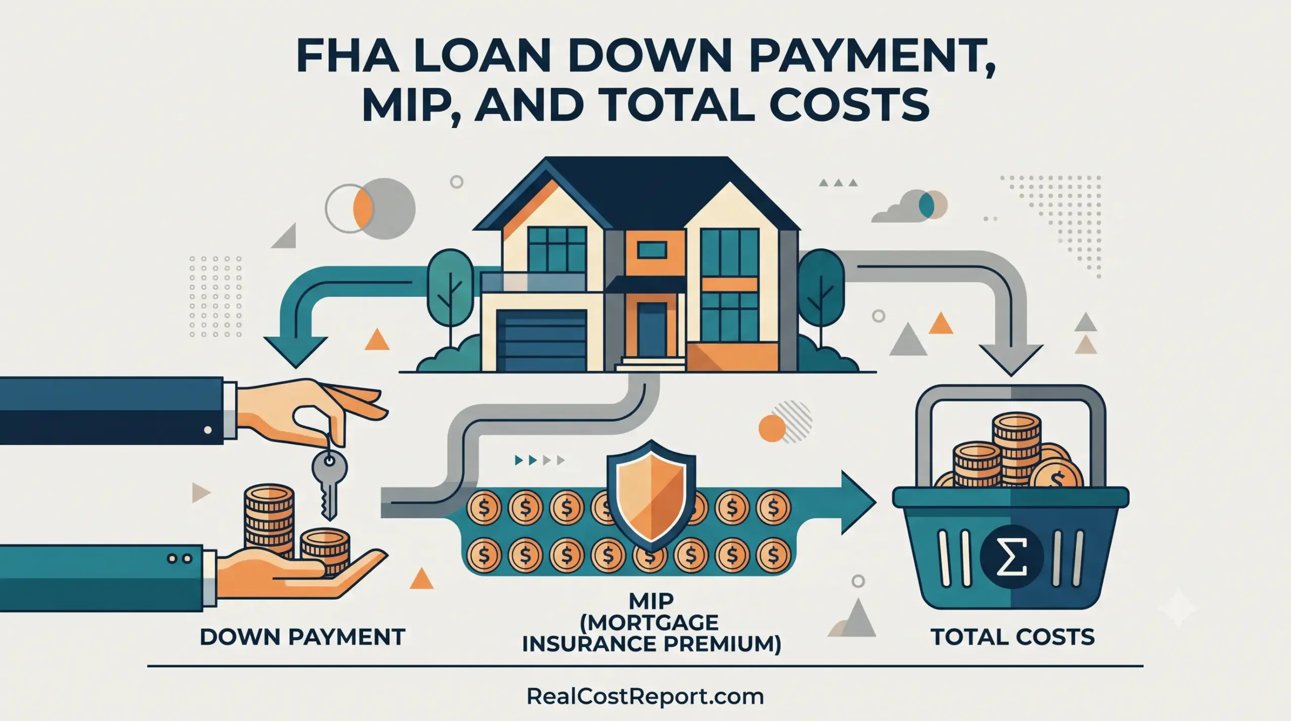 Modern vector illustration showing a house with flow charts representing FHA down payment, mortgage insurance premiums (MIP), and total costs.