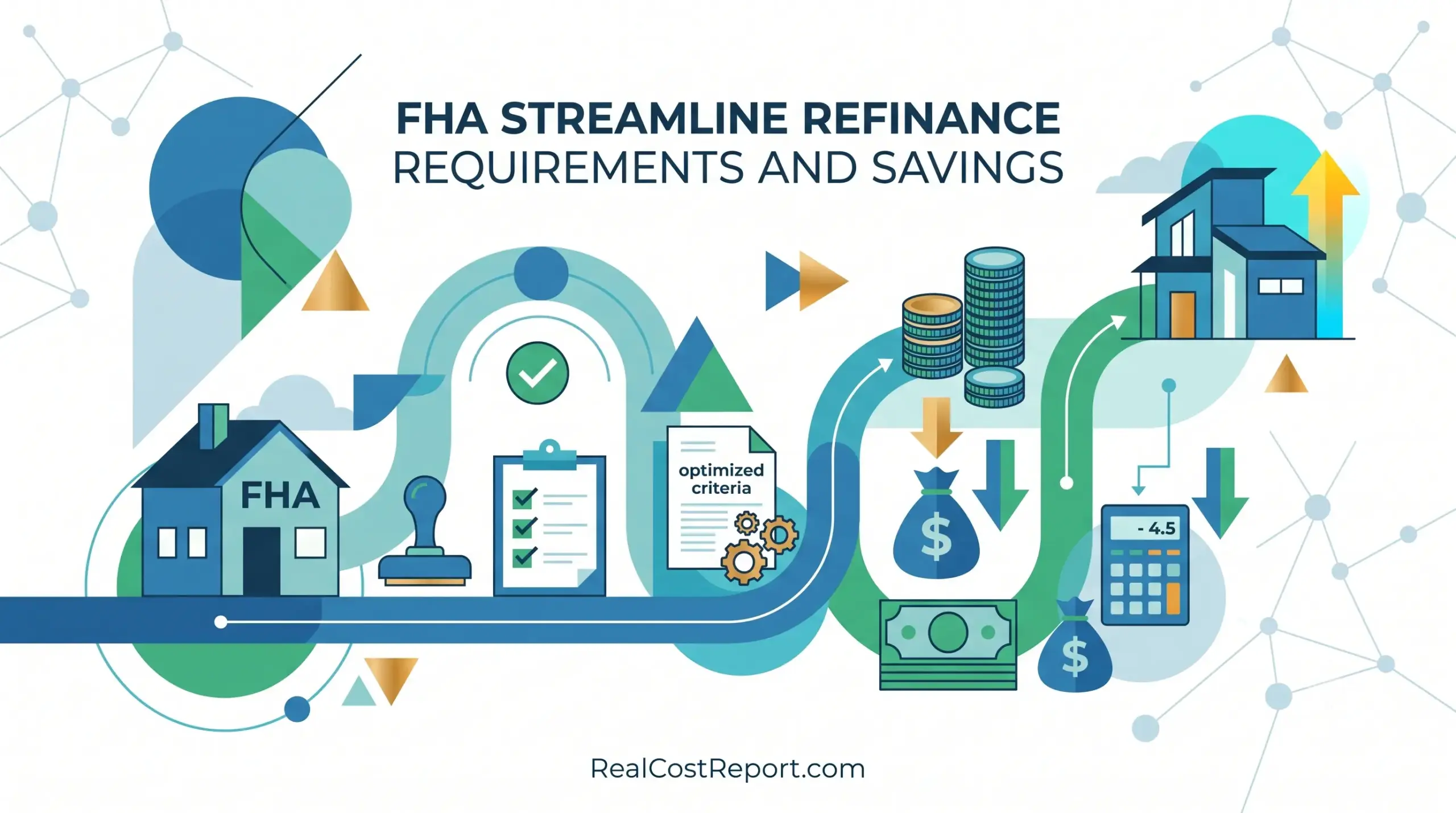 A geometric vector illustration showing a streamlined pathway from an FHA house through a checklist to savings and reduced payments.