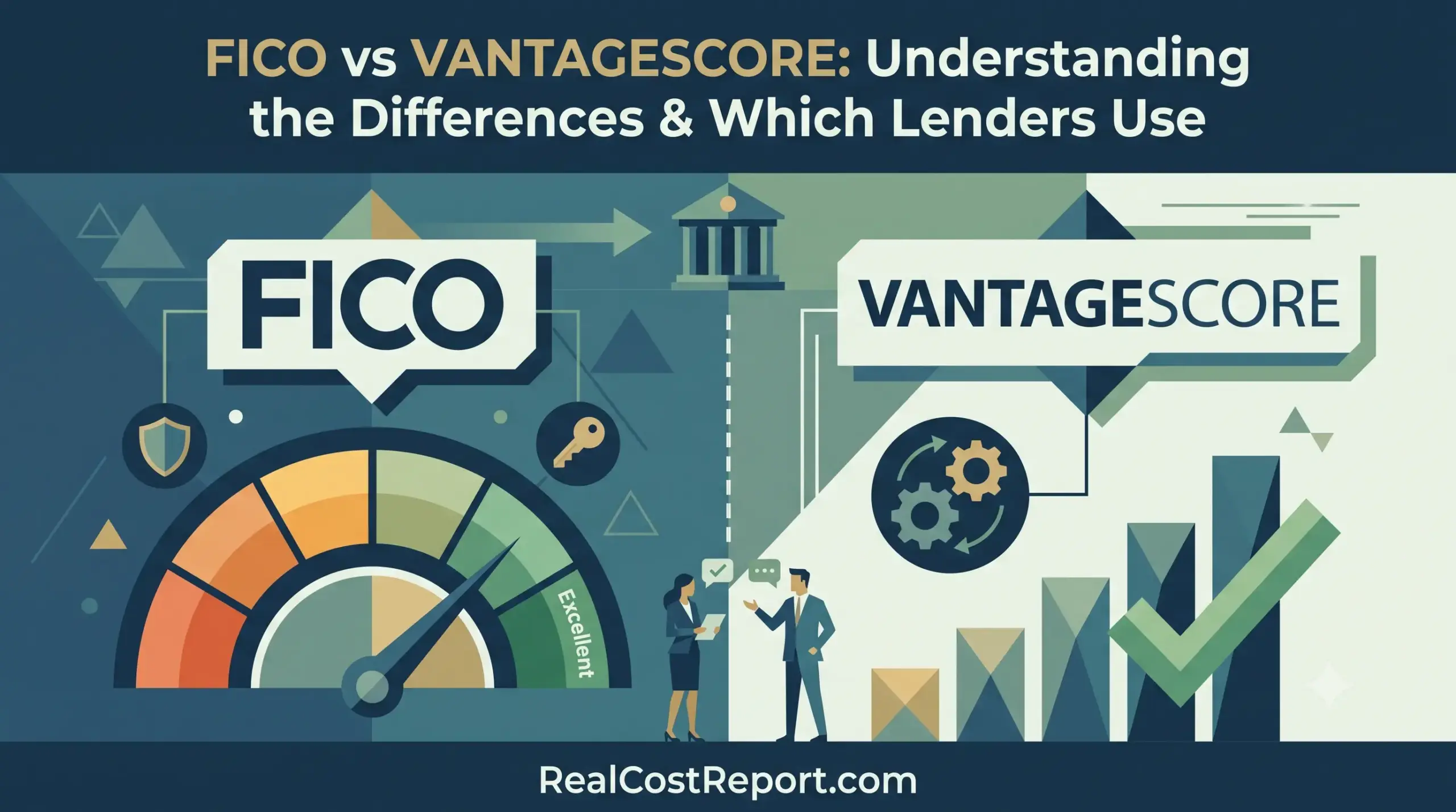 A geometric vector illustration comparing FICO and VantageScore, with charts and business figures, for RealCostReport.com.