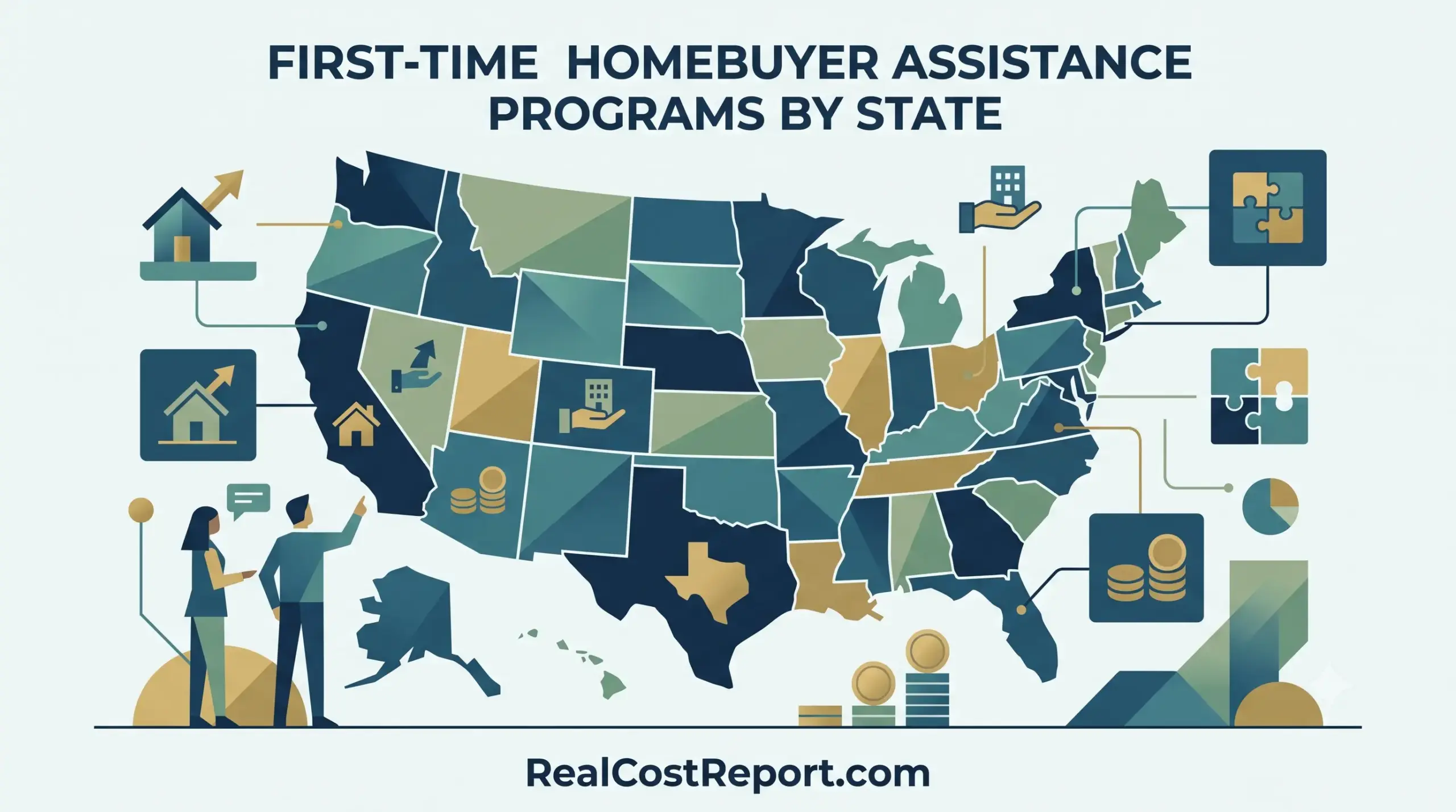 Modern geometric illustration of the US map with housing and financial icons for state homebuyer assistance programs.