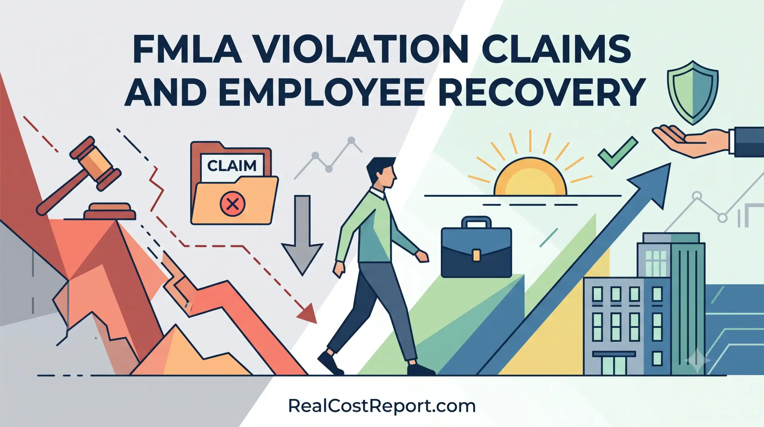 Minimalist geometric illustration of an employee walking from a rejected claim toward an upward arrow and protective shield.