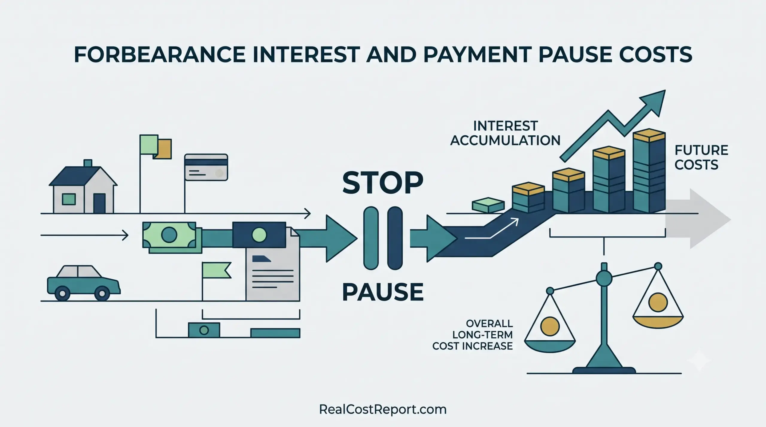 Geometric infographic showing how a loan payment pause leads to future costs through accumulating interest and a balance.