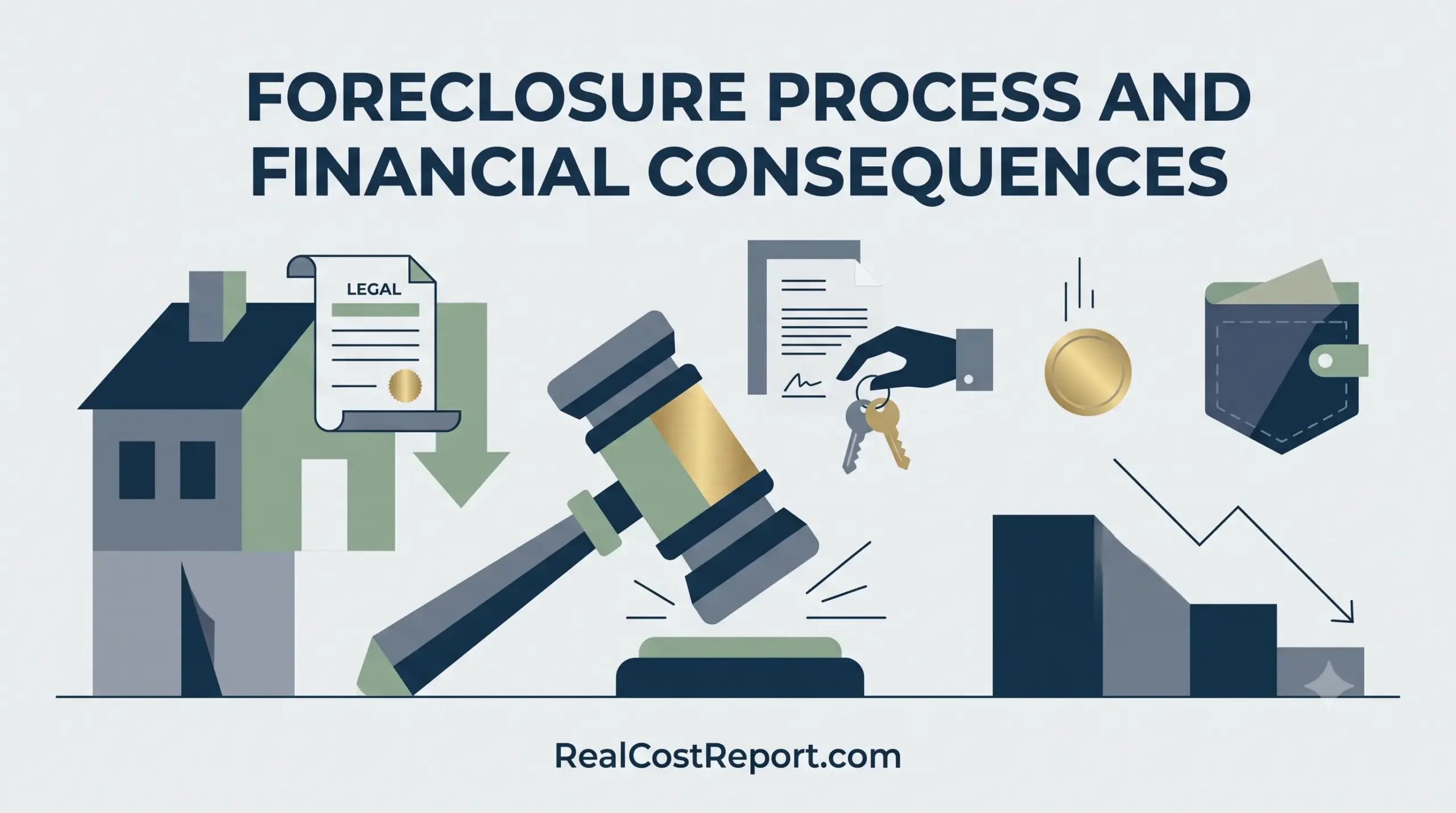 A professional geometric illustration shows the steps of foreclosure with icons of a house, a gavel, and downward graphs.