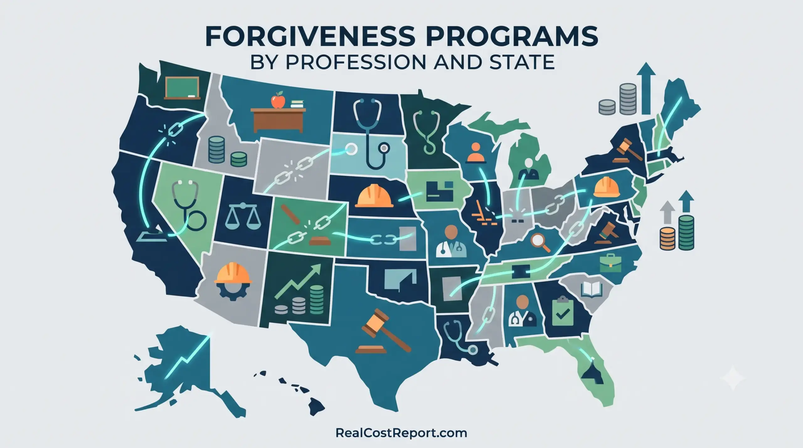 A modern geometric map of the US featuring minimal icons representing various professions and debt forgiveness.