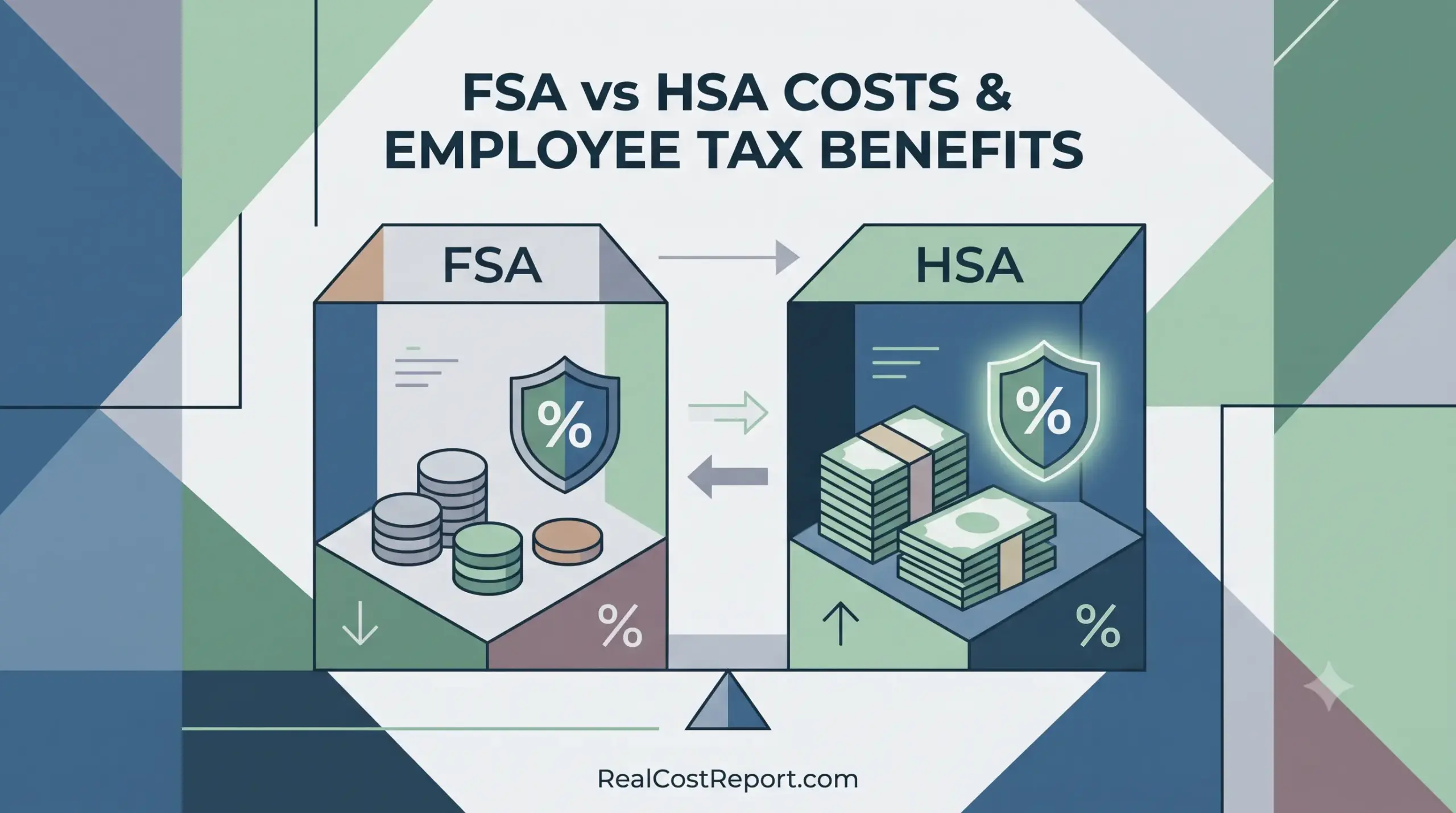A clean vector illustration comparing FSA and HSA accounts on a scale, detailing employee tax benefits and costs.