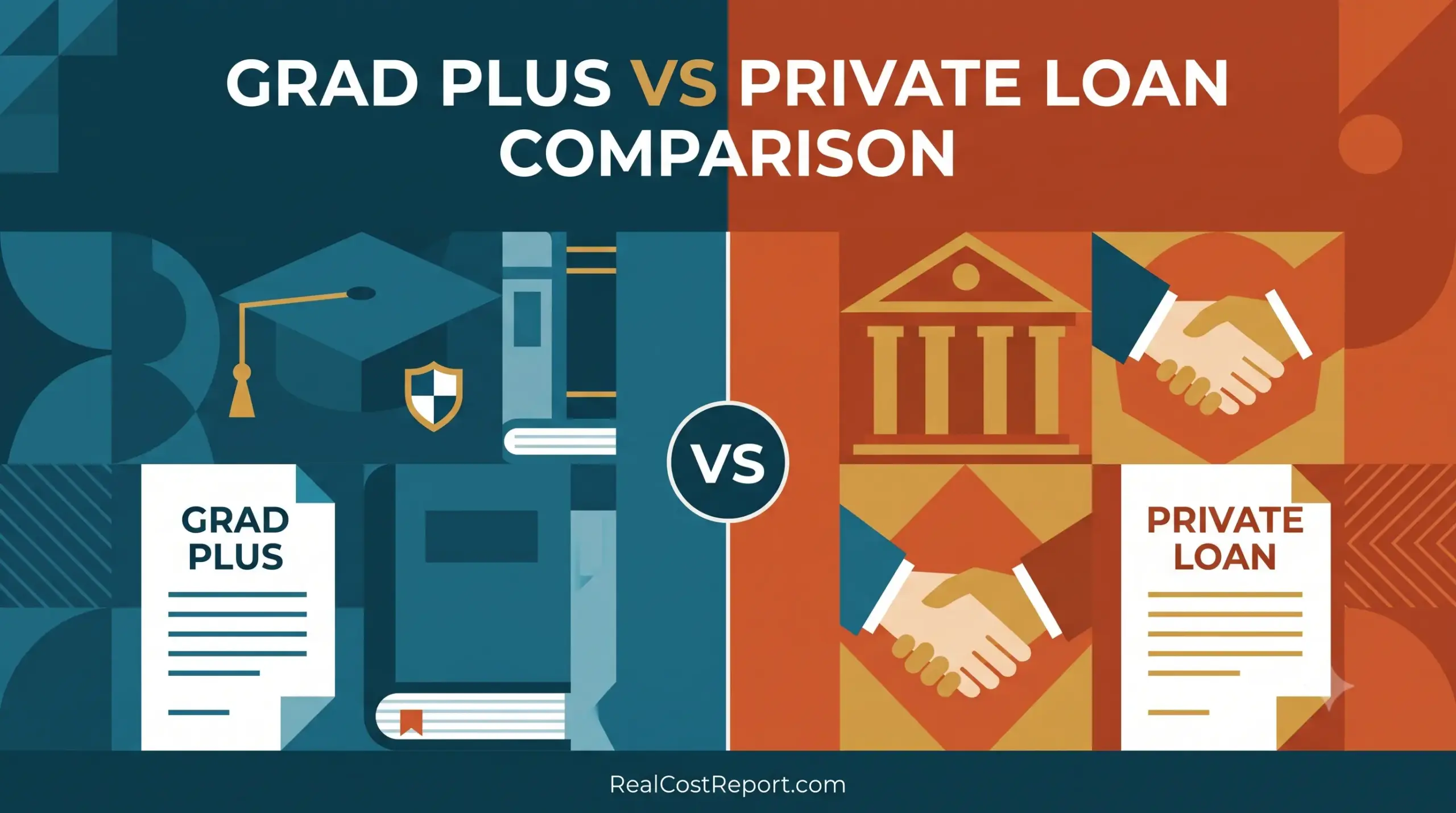 Geometric vector illustration comparing Grad PLUS (left, blue) and private loans (right, orange) for student financing.