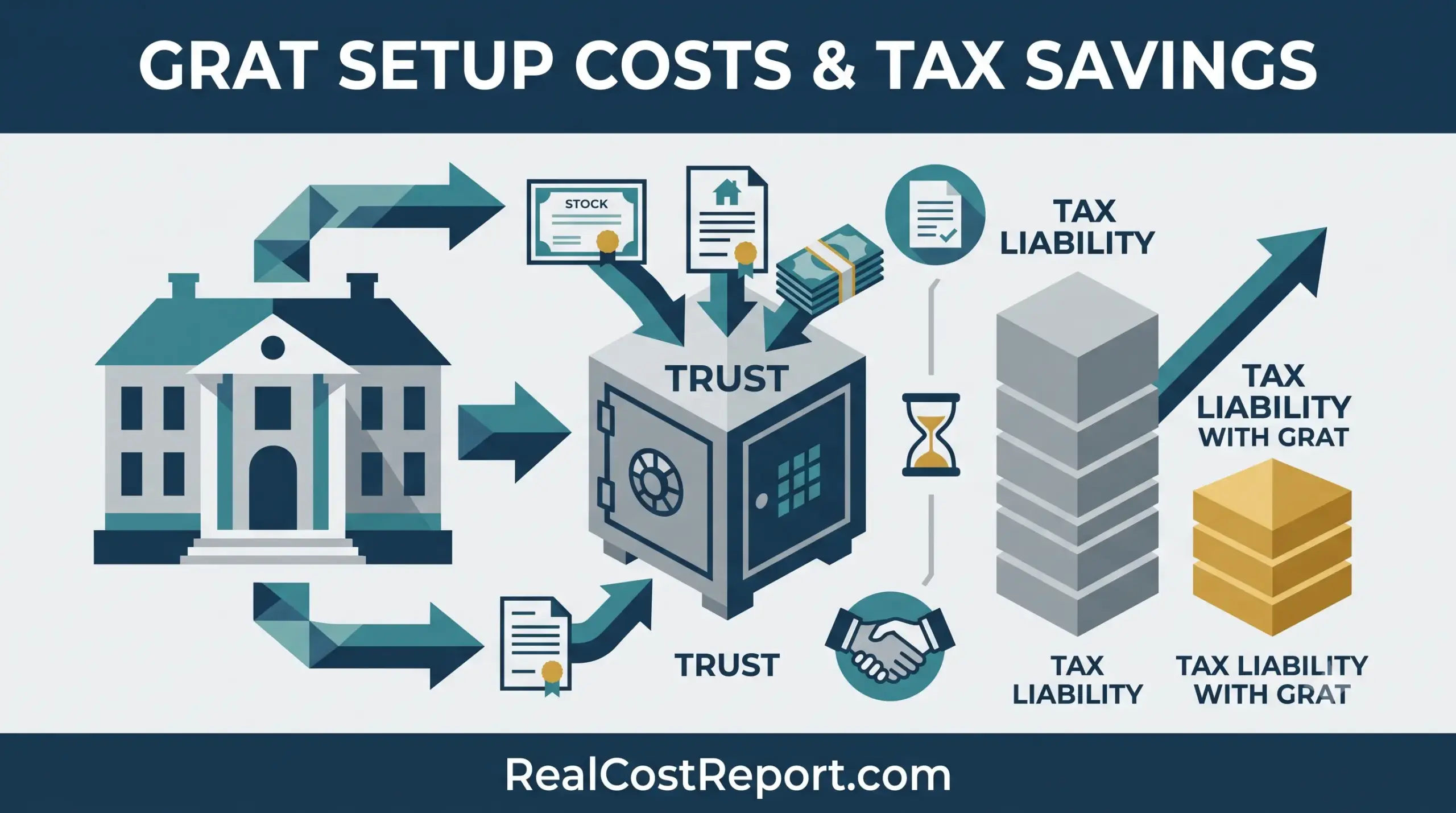 A modern vector infographic illustrating GRAT setup, asset transfer to a trust safe, and resulting tax savings for estates.