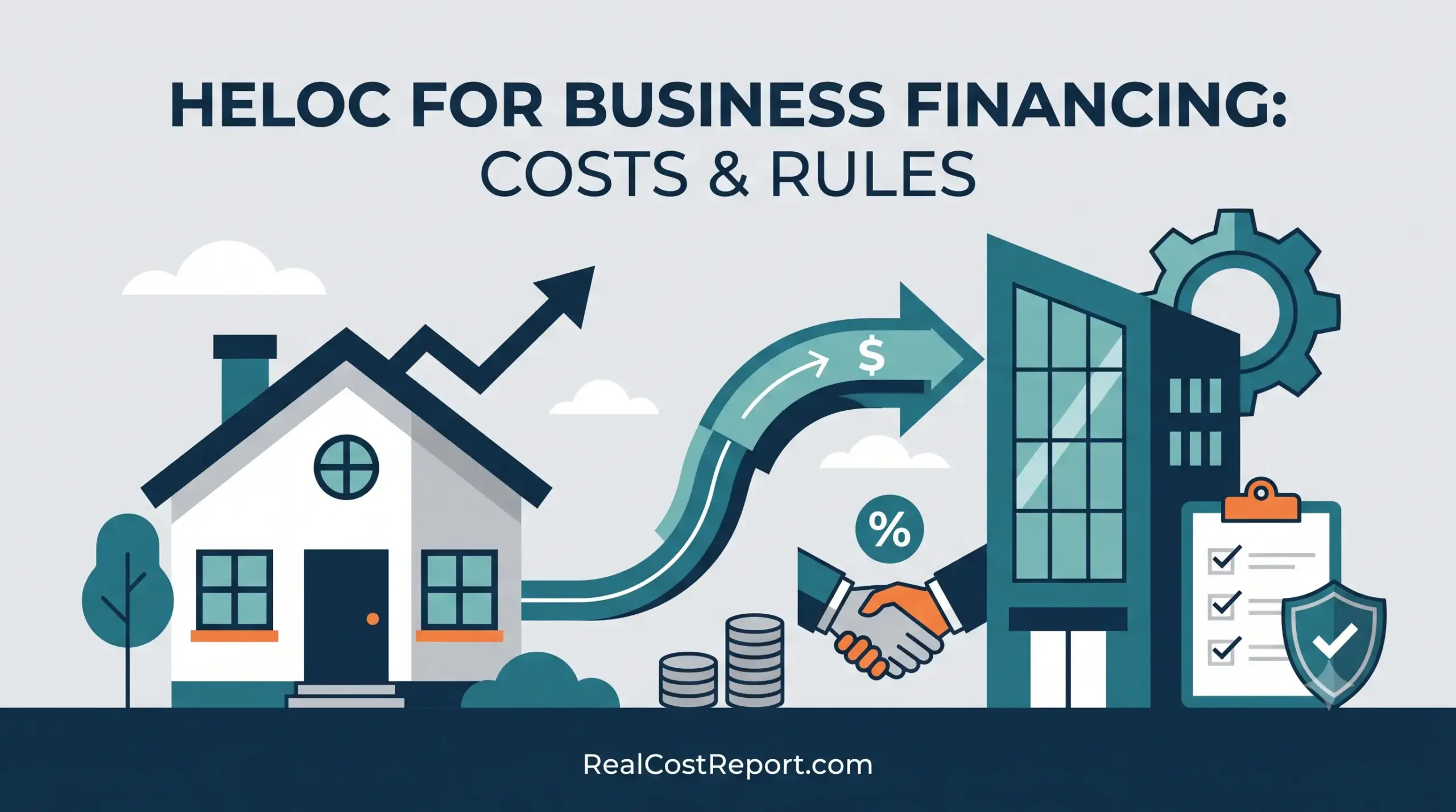 Flat illustration showing a house connecting to a business building, representing Home Equity Line of Credit (HELOC) financing.