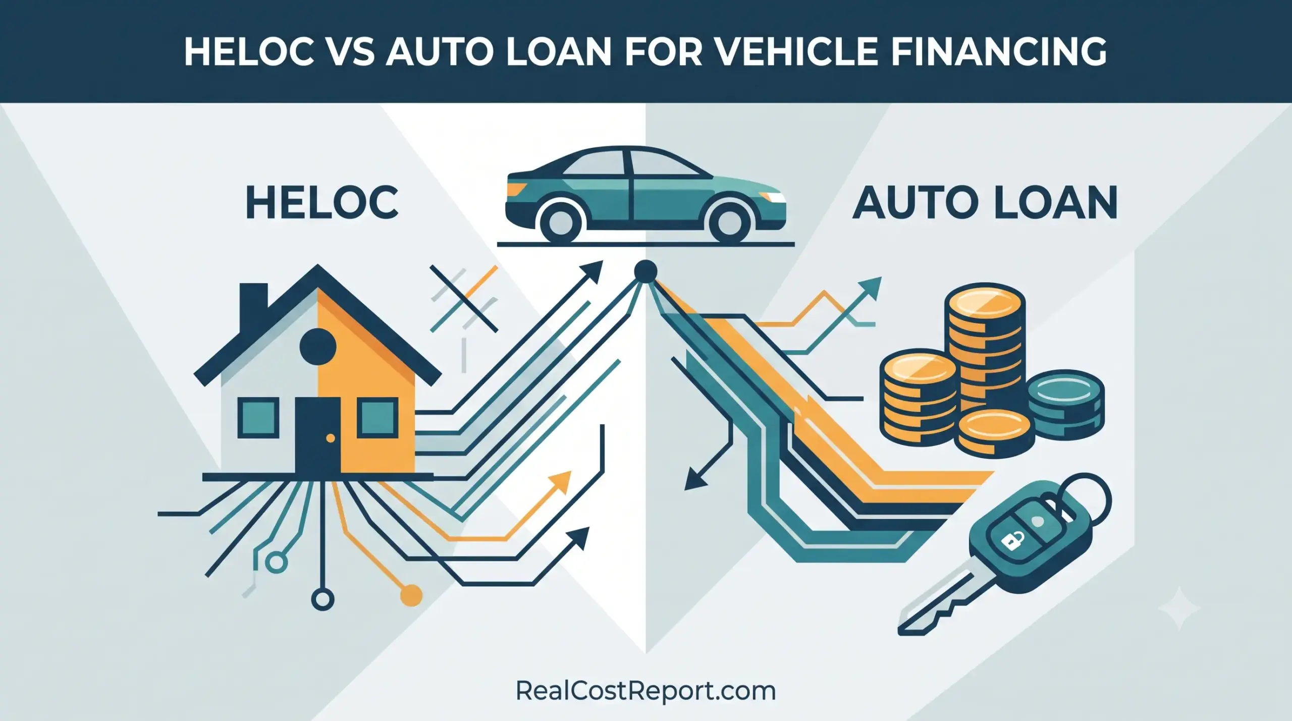 A modern geometric vector graphic comparing HELOC vs. Auto Loan for car purchases, with house and car icons.