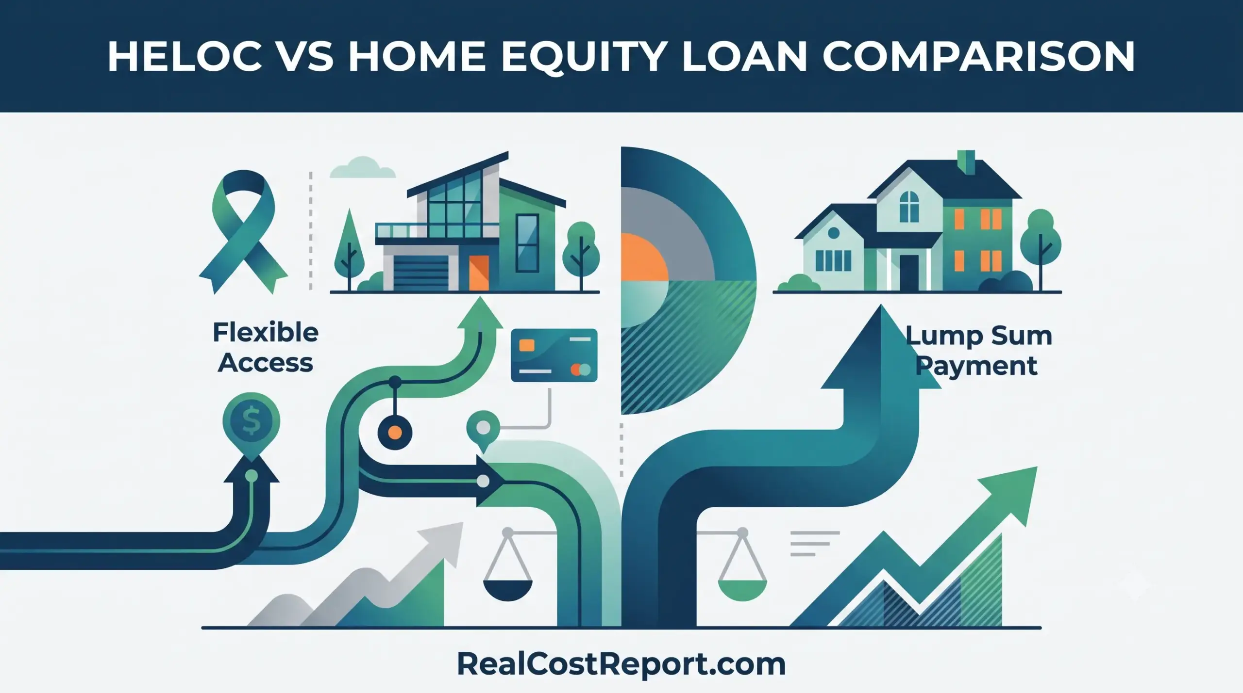 Geometric infographic comparing HELOC (Flexible Access) and Home Equity Loans (Lump Sum Payment) with houses and arrows.
