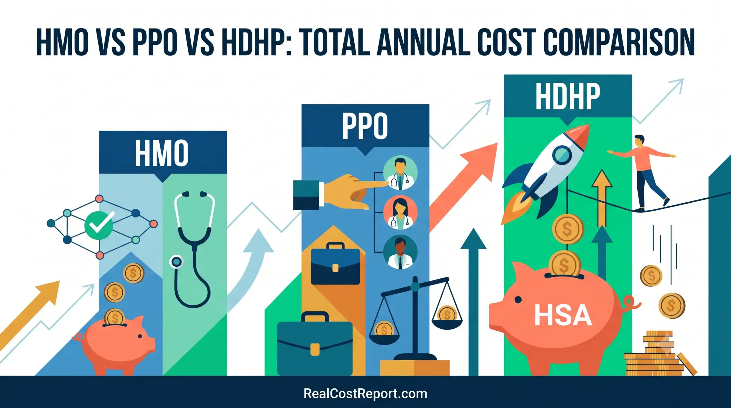 A geometric illustration compares HMO, PPO, and HDHP health insurance plans using icons for networks, specialists, and HSA savings.