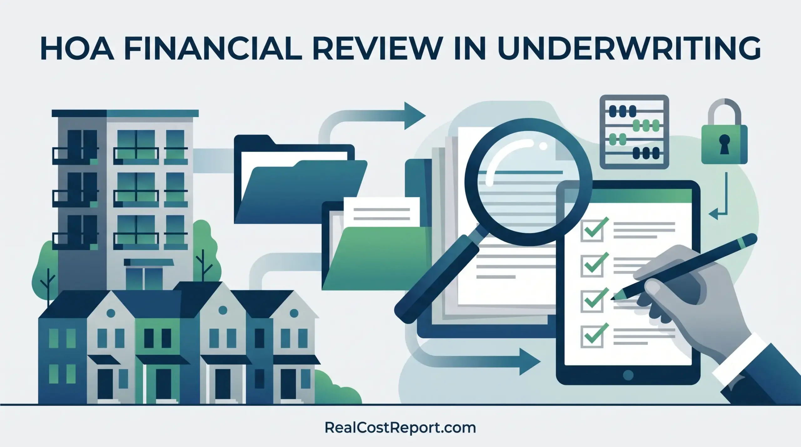 Flat vector illustration showing residential buildings, document folders, a magnifying glass over papers, and a hand with a stylus marking a checklist on a tablet, with the text 'HOA FINANCIAL REVIEW IN UNDERWRITING' and 'RealCostReport.com'.