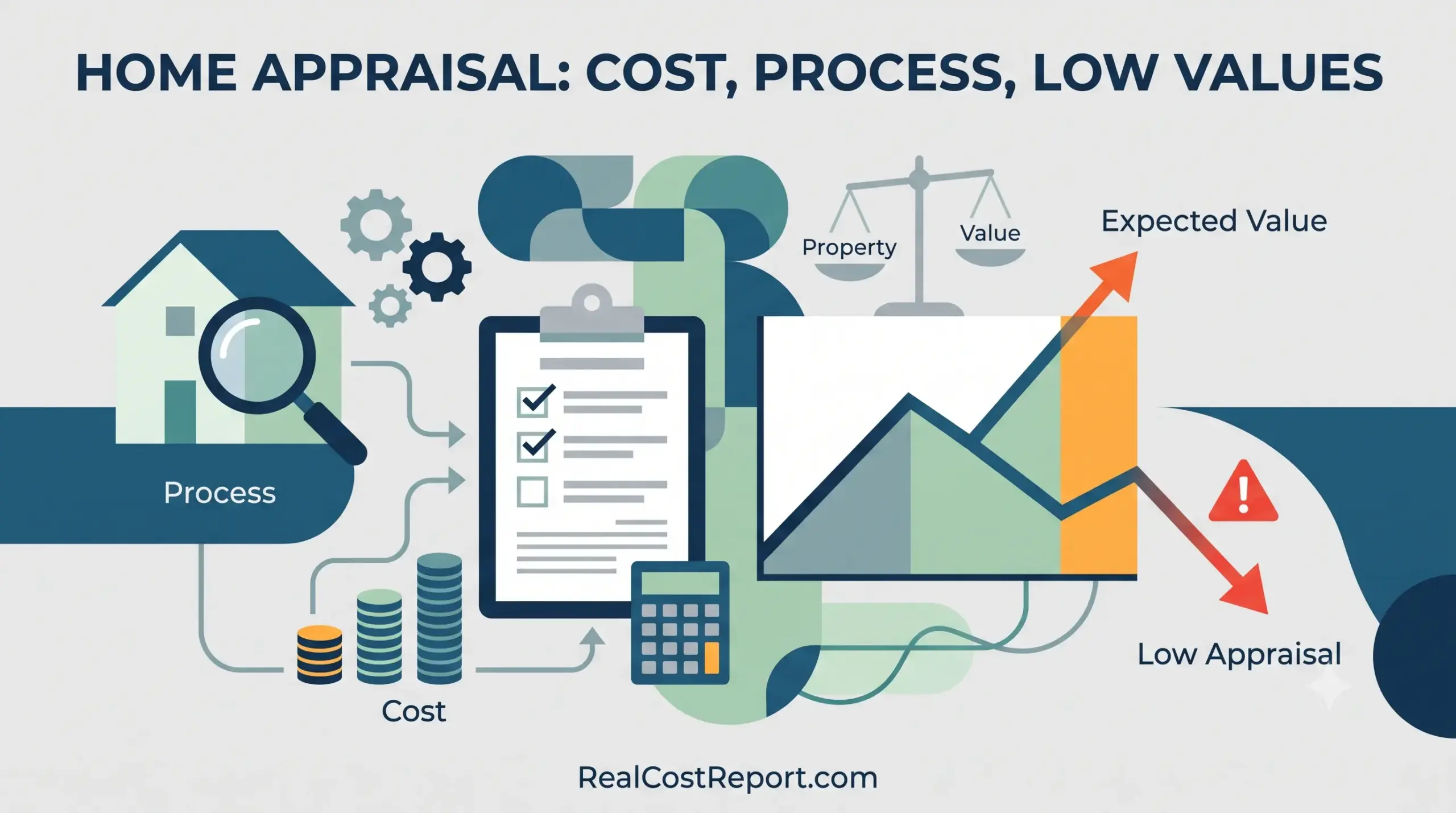 Modern flat illustration of home appraisal stages, comparing 'Process,' 'Cost,' and potential outcomes of 'Expected Value' vs. 'Low Appraisal'.