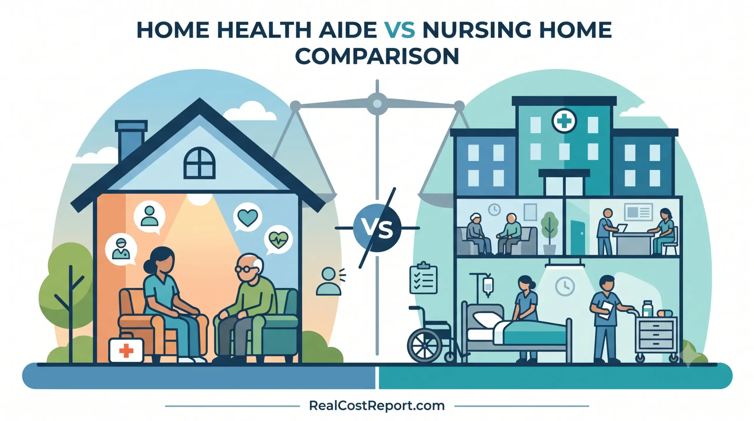 A flat vector illustration comparing home health care with an elderly man and aide in a house versus a structured nursing home facility, split by a balancing scale and "VS" symbol.