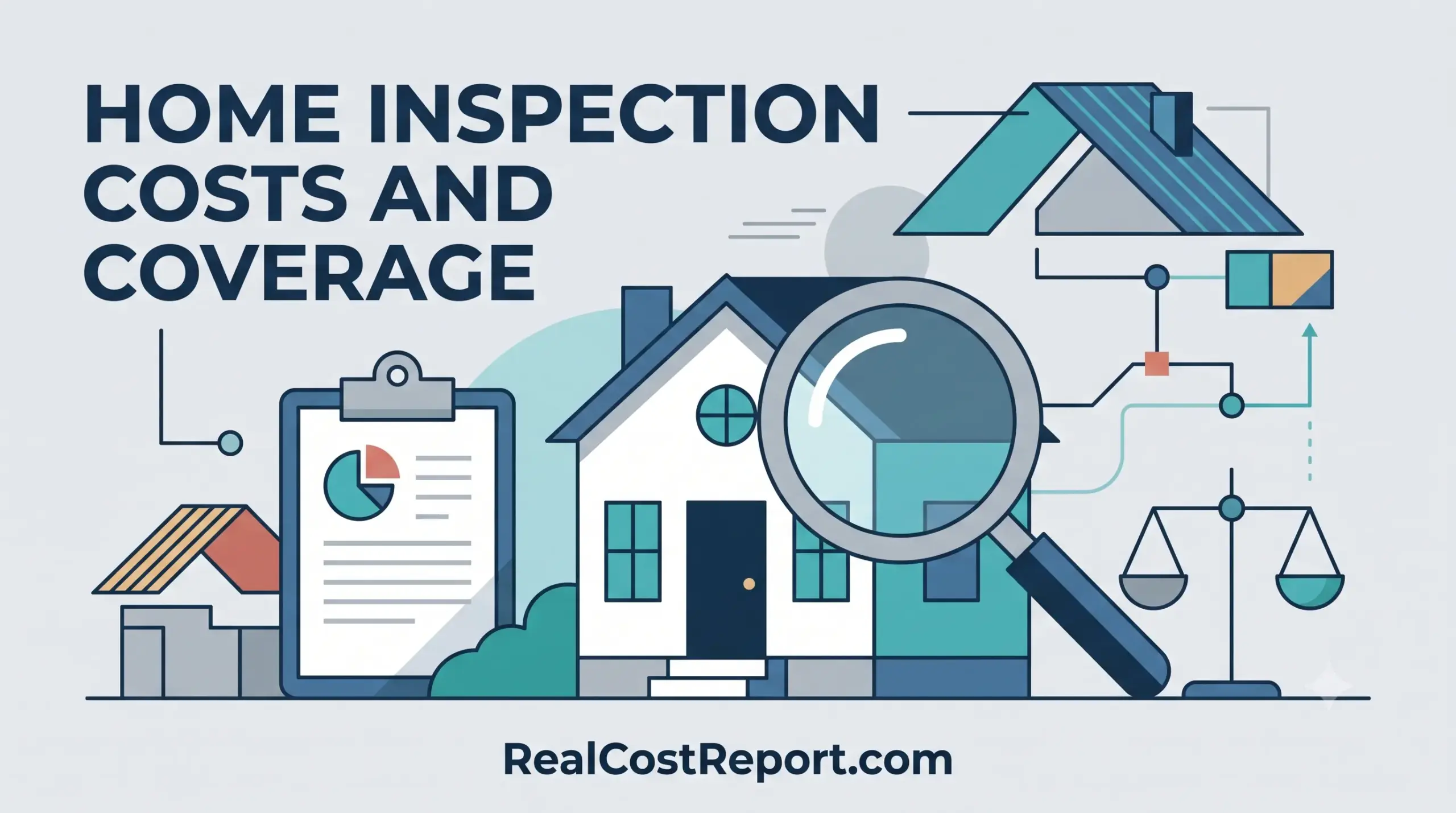 Minimalist flat illustration featuring a house, magnifying glass, and clipboard representing home inspection and coverage analysis.