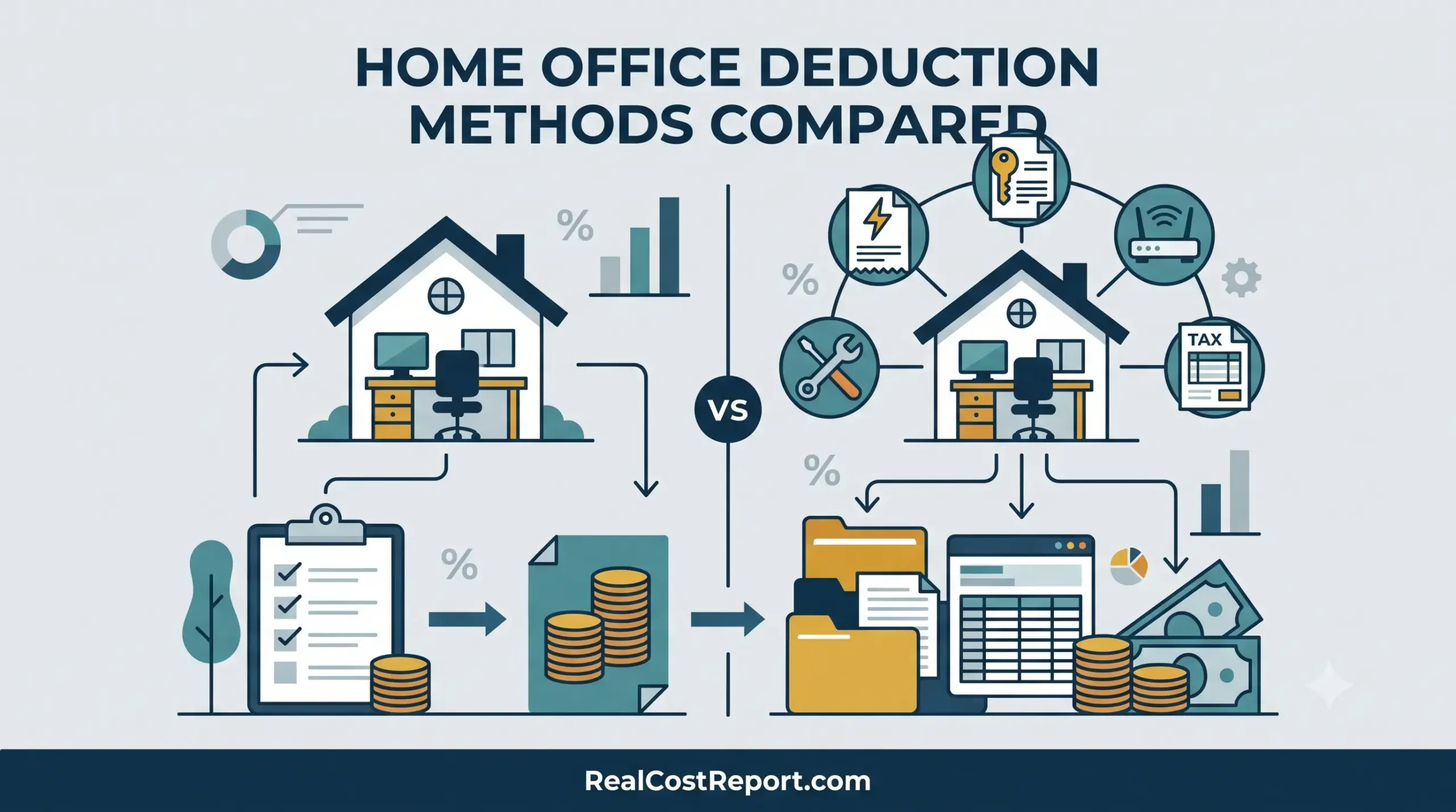 A 16:9 geometric vector illustration for Real Cost Report, comparing two home office tax deduction methods. One side shows a simplified path with a house icon, calculator, and a stack of saved money/coins. The other side shows a more complex path with a house icon connected to various smaller expense icons like utility bills, rent, and internet, leading to a larger stack of saved money/coins. The color palette is professional, with deep blues, teals, and subtle yellow accents. The headline "HOME OFFICE DEDUCTION METHODS COMPARED" is at the top, and "RealCostReport.com" is at the bottom.