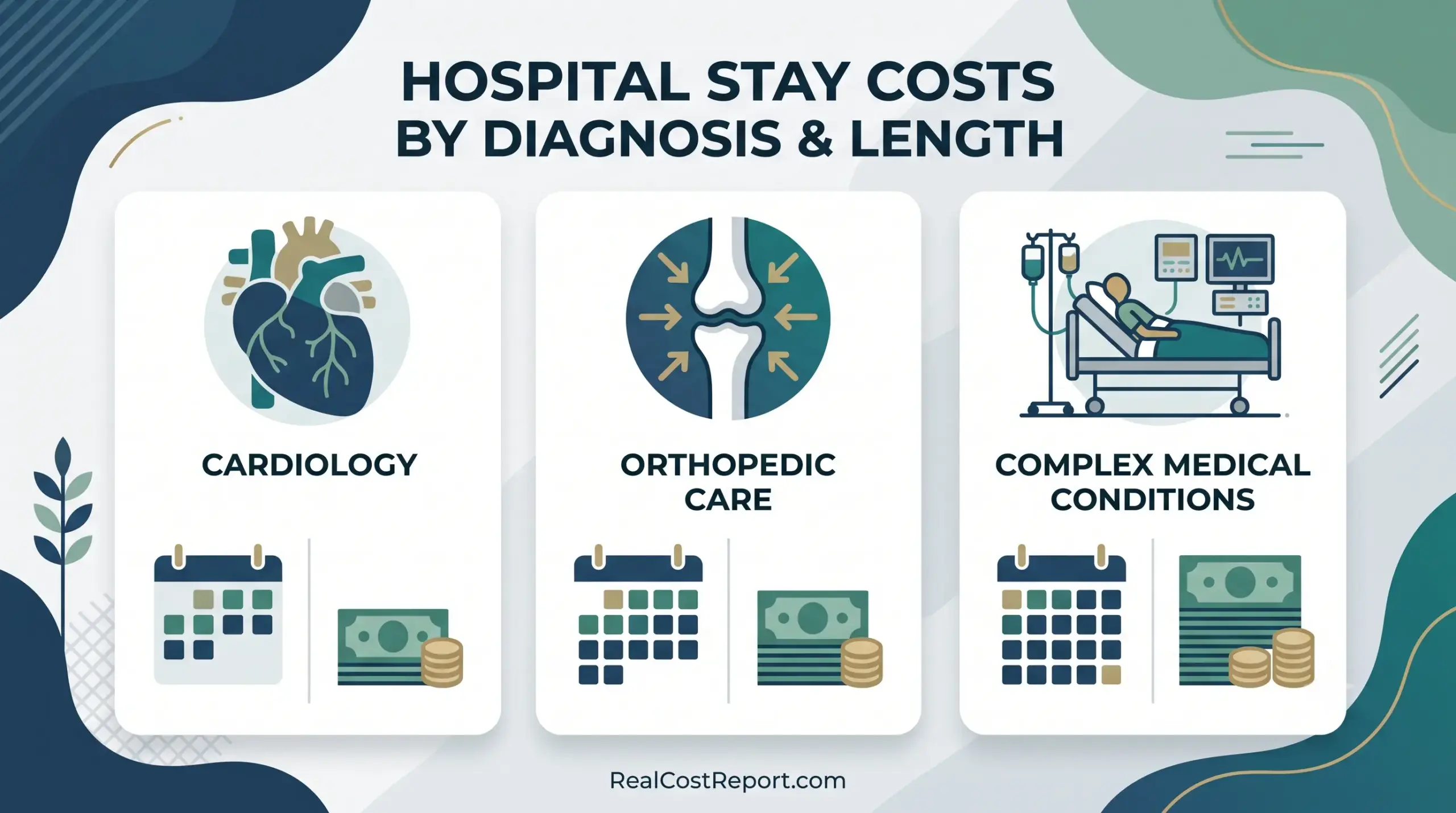 A modern vector illustration showing how medical diagnoses and the length of a hospital stay influence costs.