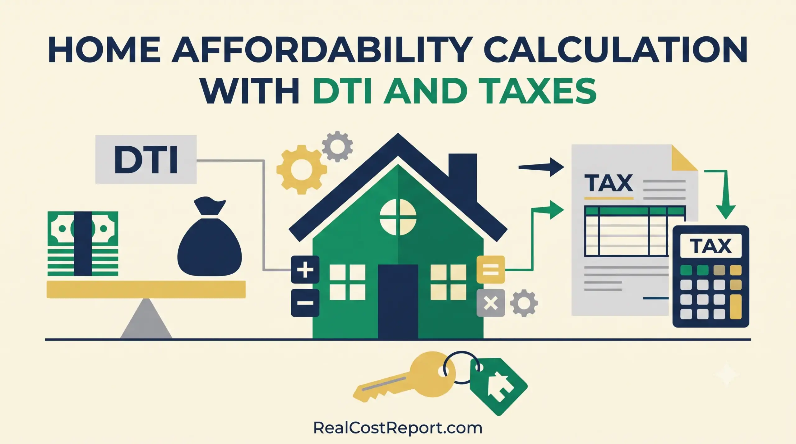 Geometric vector illustration visualizing home affordability factors like DTI and taxes with a house and calculator.