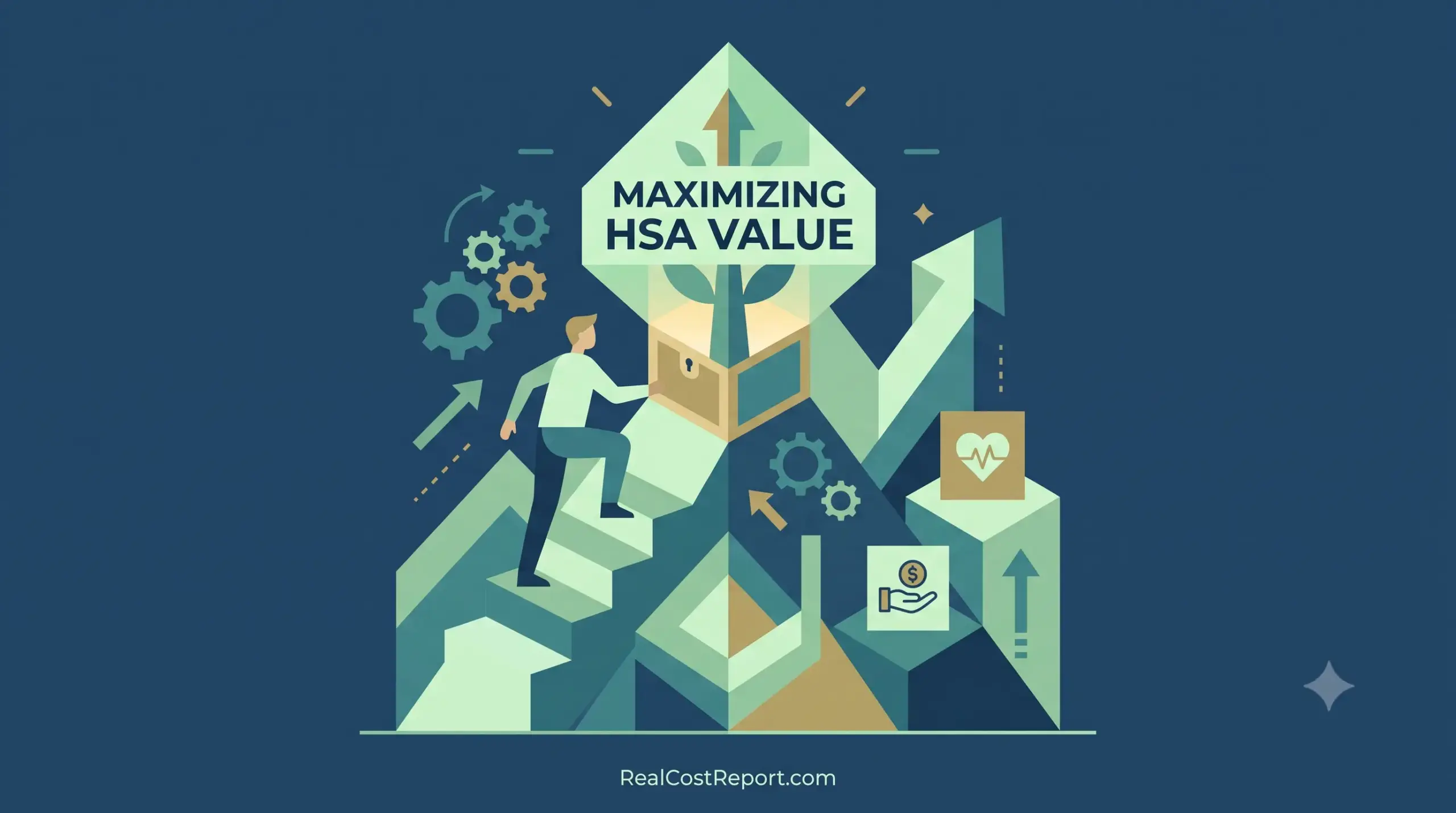 A geometric vector illustration shows a person climbing stairs toward a box labeled 'MAXIMIZING HSA VALUE' with growth icons on a blue background. RealCostReport.com.