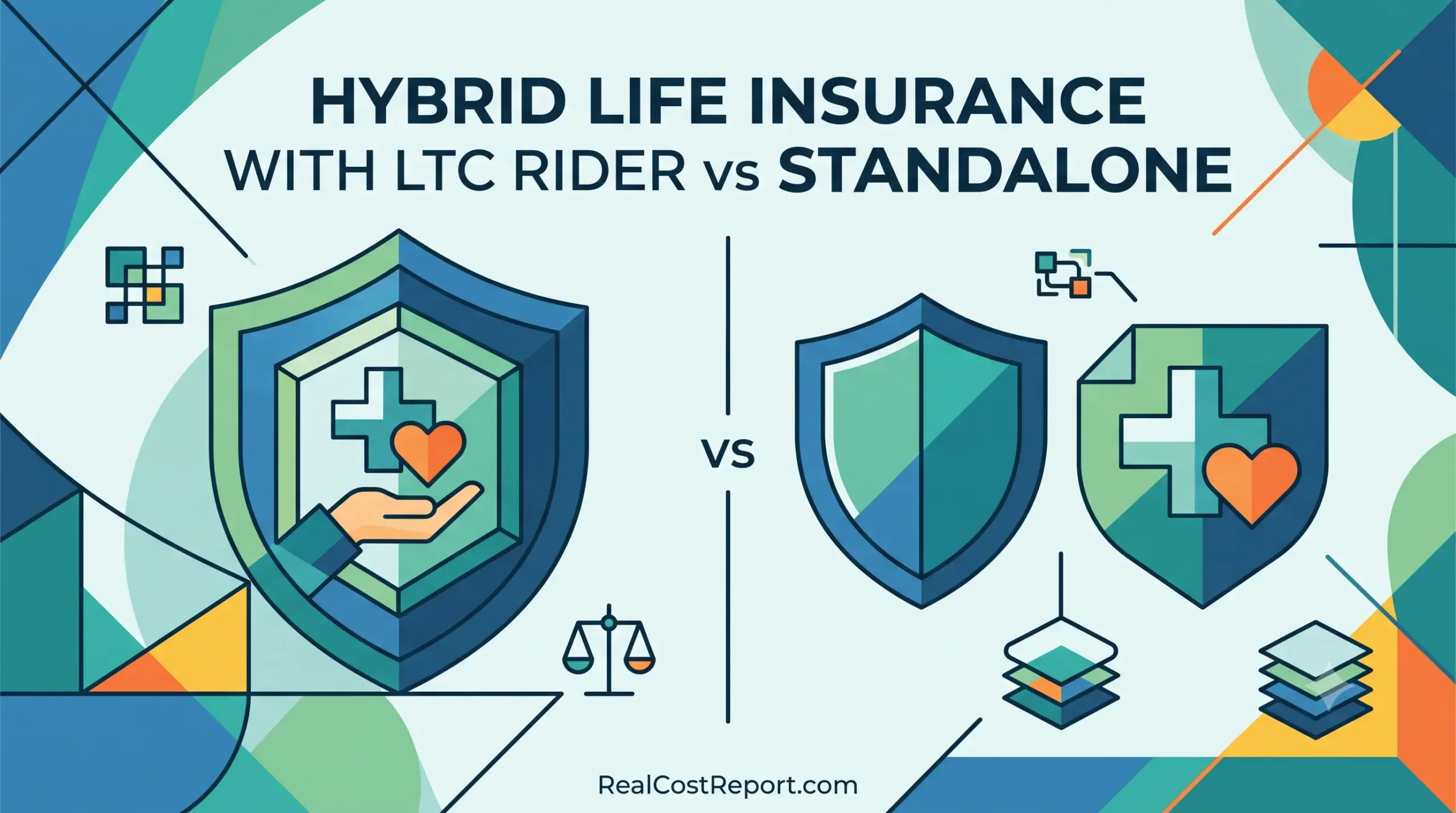 A clean geometric illustration comparing a unified shield for hybrid insurance with integrated LTC versus two separate shields.