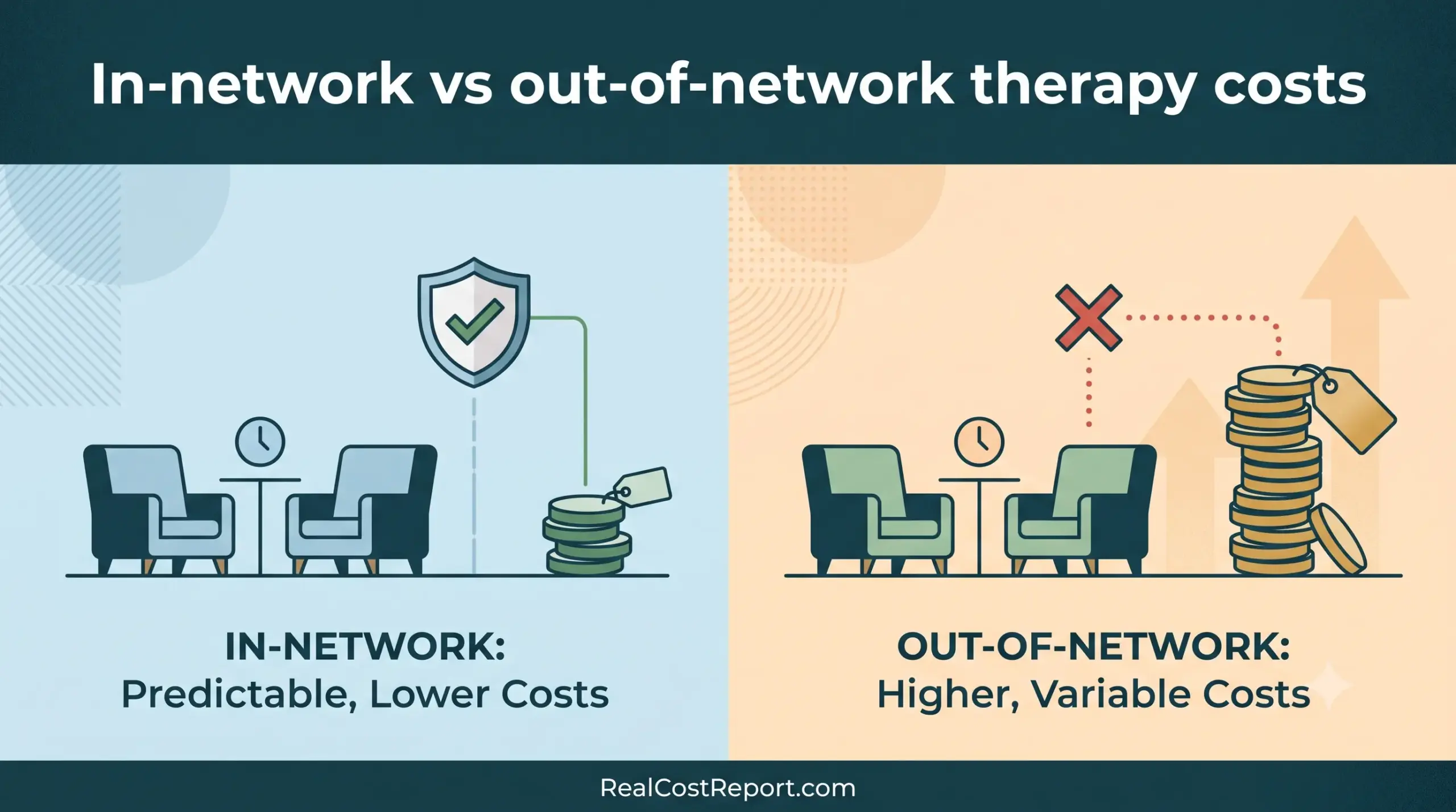 A geometric vector illustration comparing a covered in-network therapy session with low costs to an expensive out-of-network session.