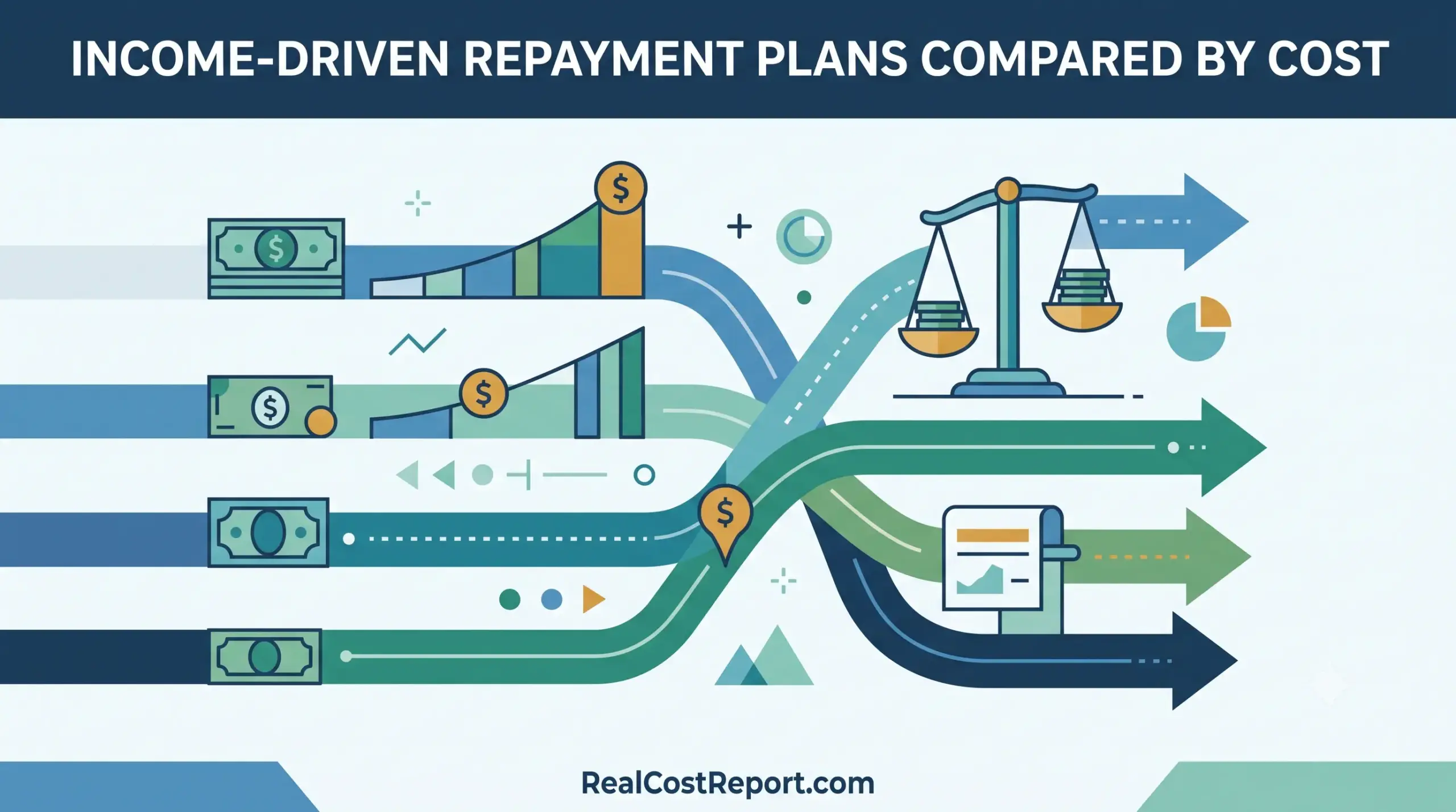 Minimalist vector illustration comparing different financial repayment paths with scales and a top headline.