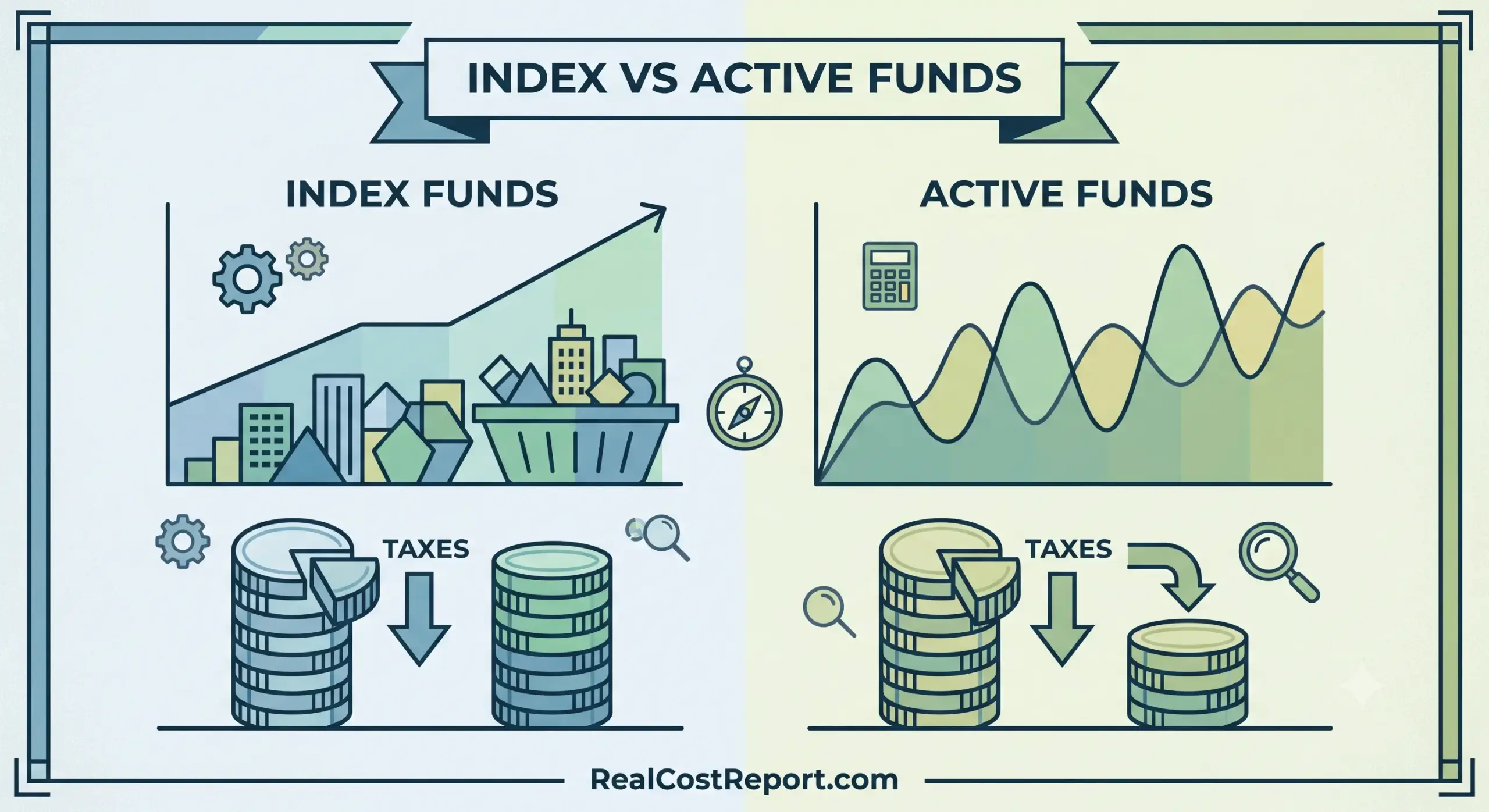 A geometric vector infographic compares the after-tax returns of index and active funds.