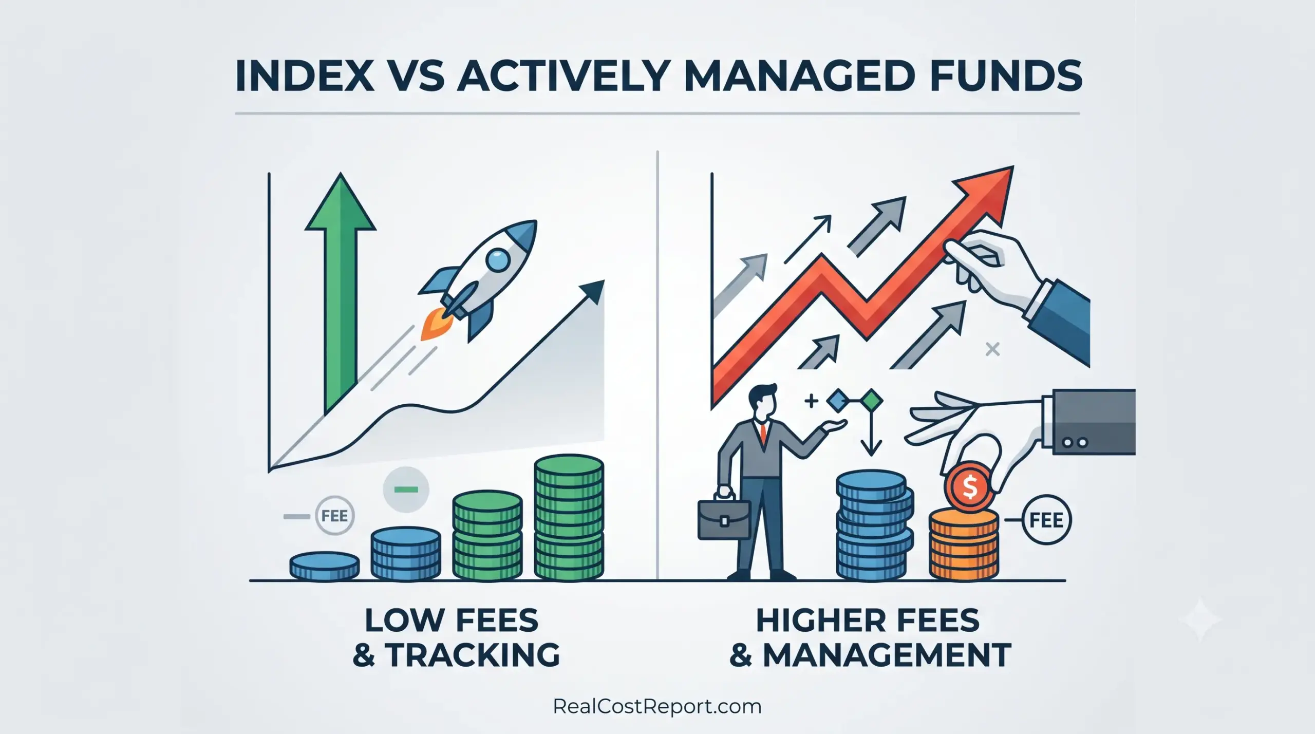 A minimalist vector illustration comparing the performance paths and fee structures of index versus actively managed funds.