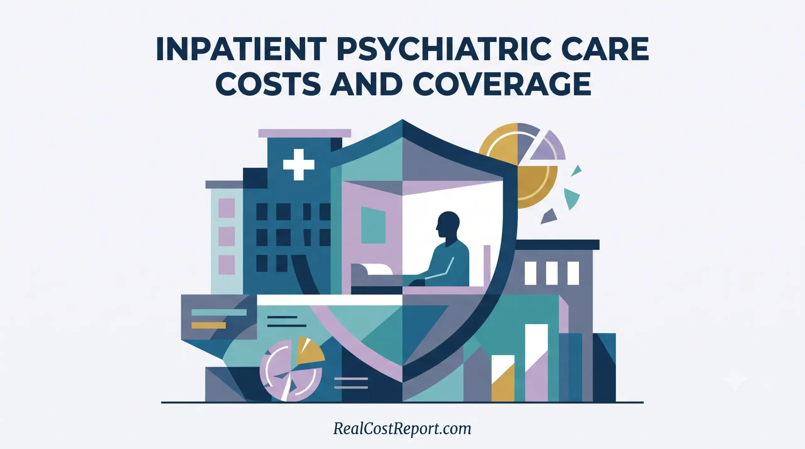 A geometric vector illustration showing a hospital building, a shield with a silhouette, and charts, titled "INPATIENT PSYCHIATRIC CARE COSTS AND COVERAGE."