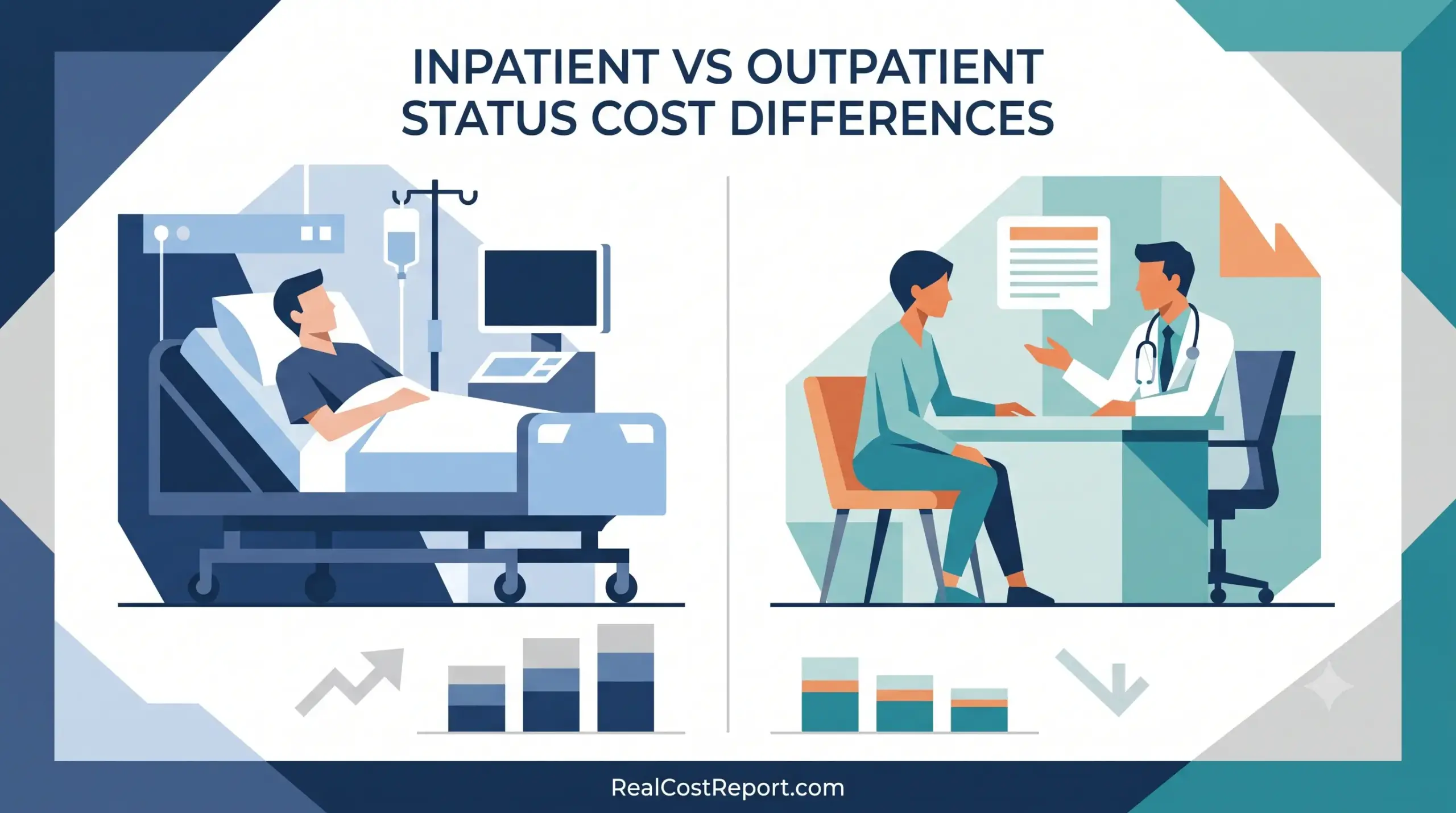A flat geometric illustration comparing inpatient hospital care and outpatient clinic visits to highlight medical cost differences.