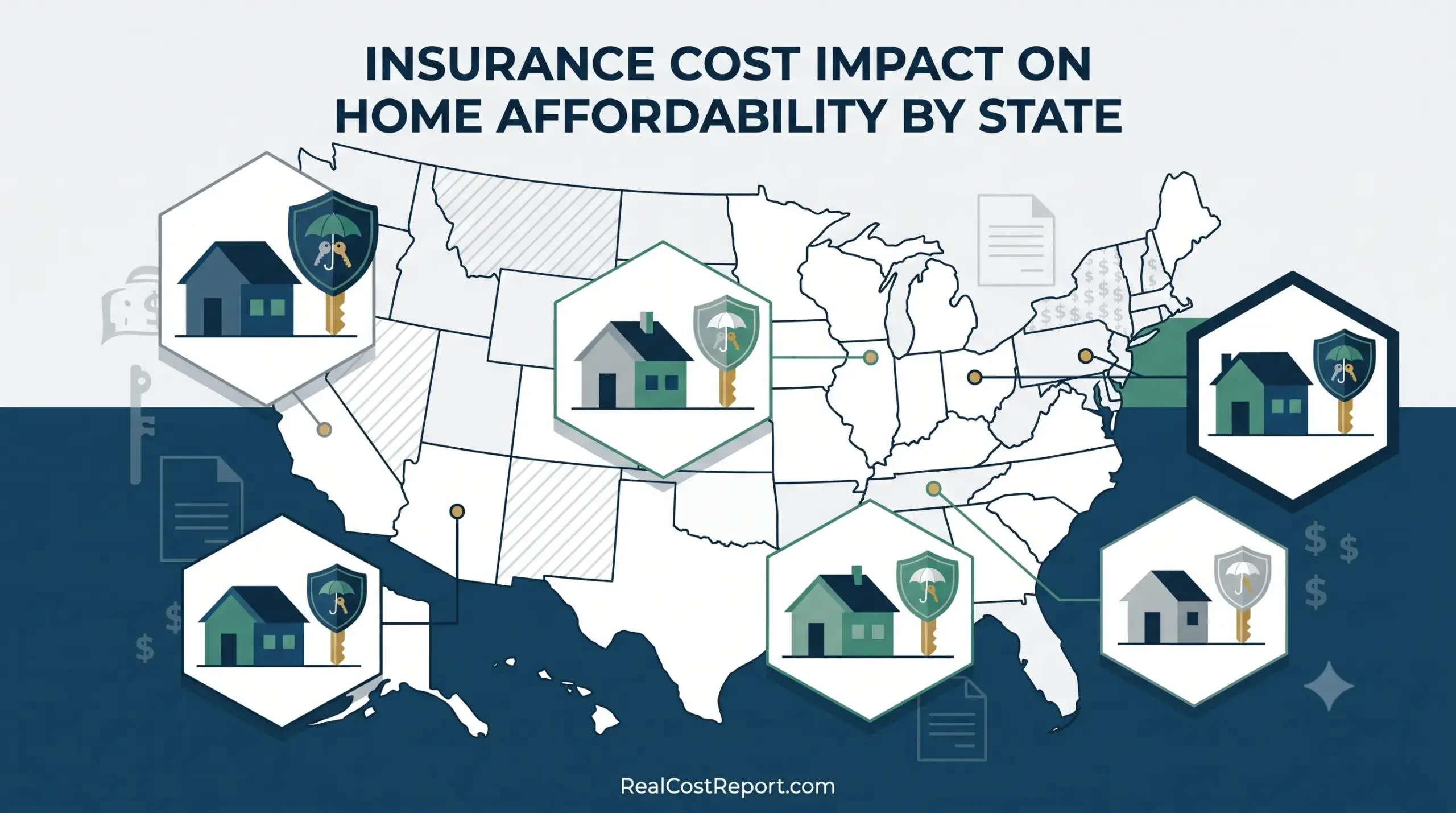 Geometric illustration with a US map and houses with shields, illustrating the varying impact of insurance costs on home affordability by state.