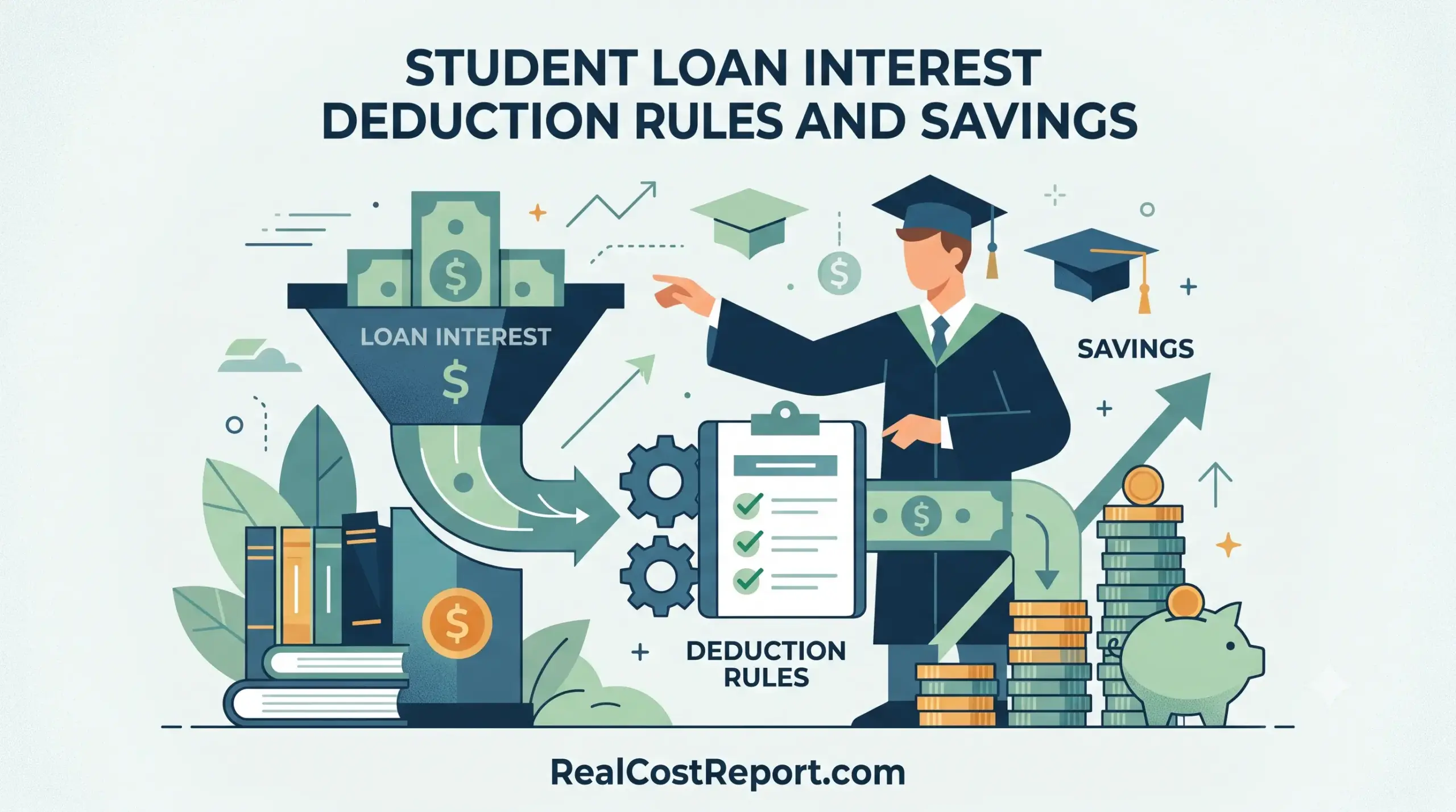 Geometric illustration featuring a graduation cap, tax forms, and a piggy bank representing student loan tax savings.