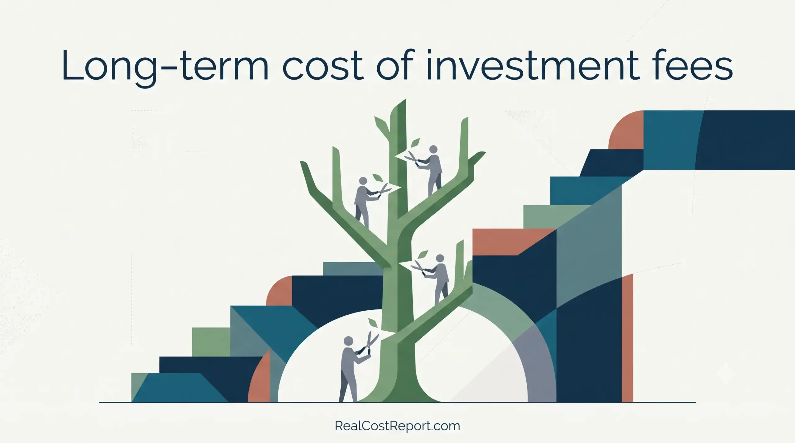 A clean geometric vector illustration showing figures pruning branches from a growing money tree, symbolizing the cost of investment fees.