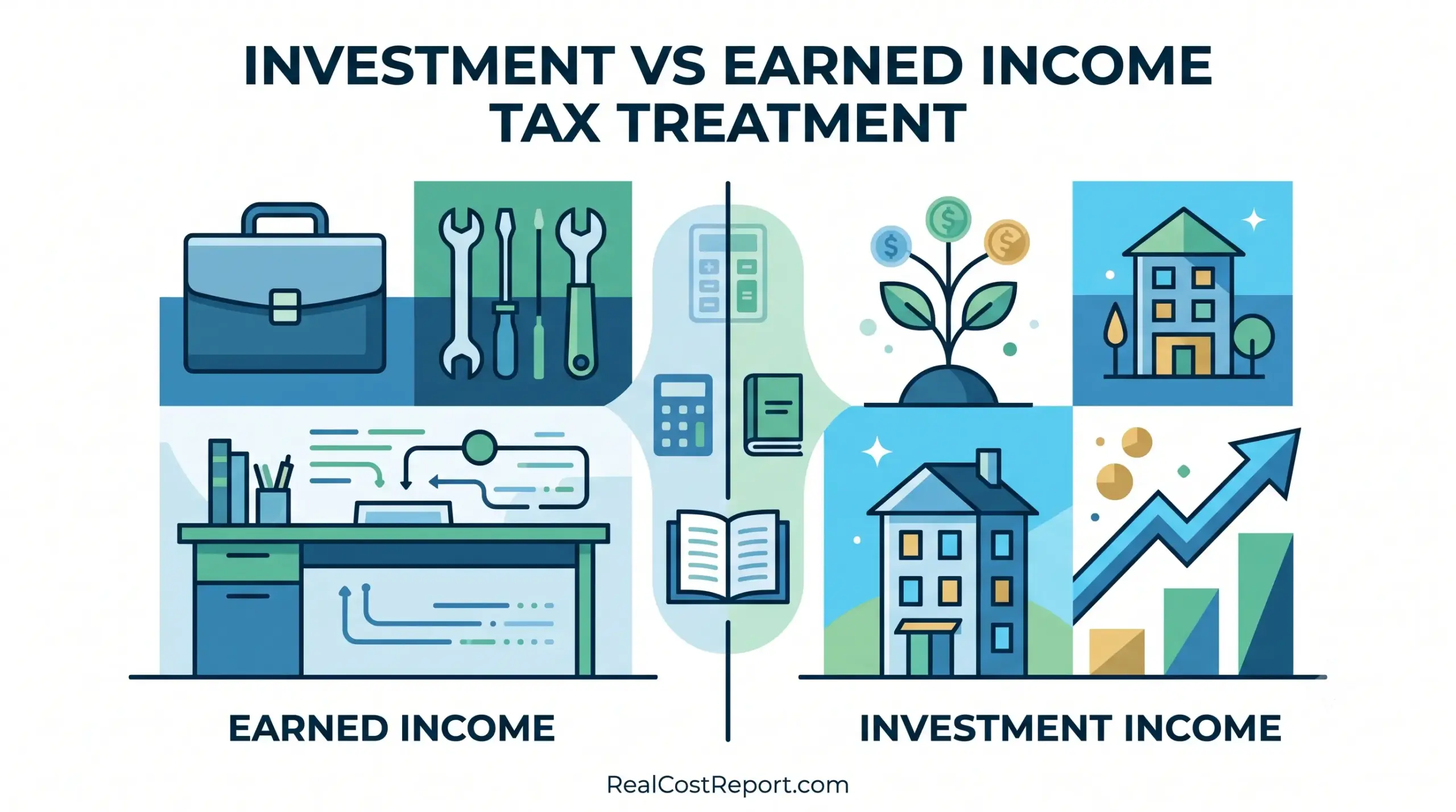 A clean vector infographic comparing earned income (briefcase, tools) and investment income (plant, house, growth arrow) tax treatment.