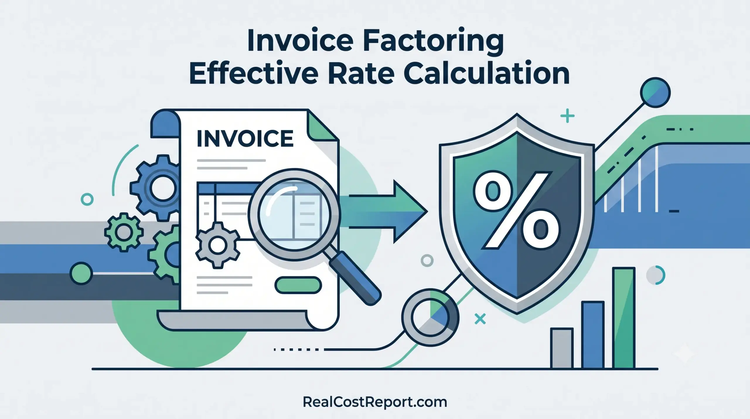 Flat design illustration for calculating the effective rate of invoice factoring, showing an invoice, gears, and a percentage shield.