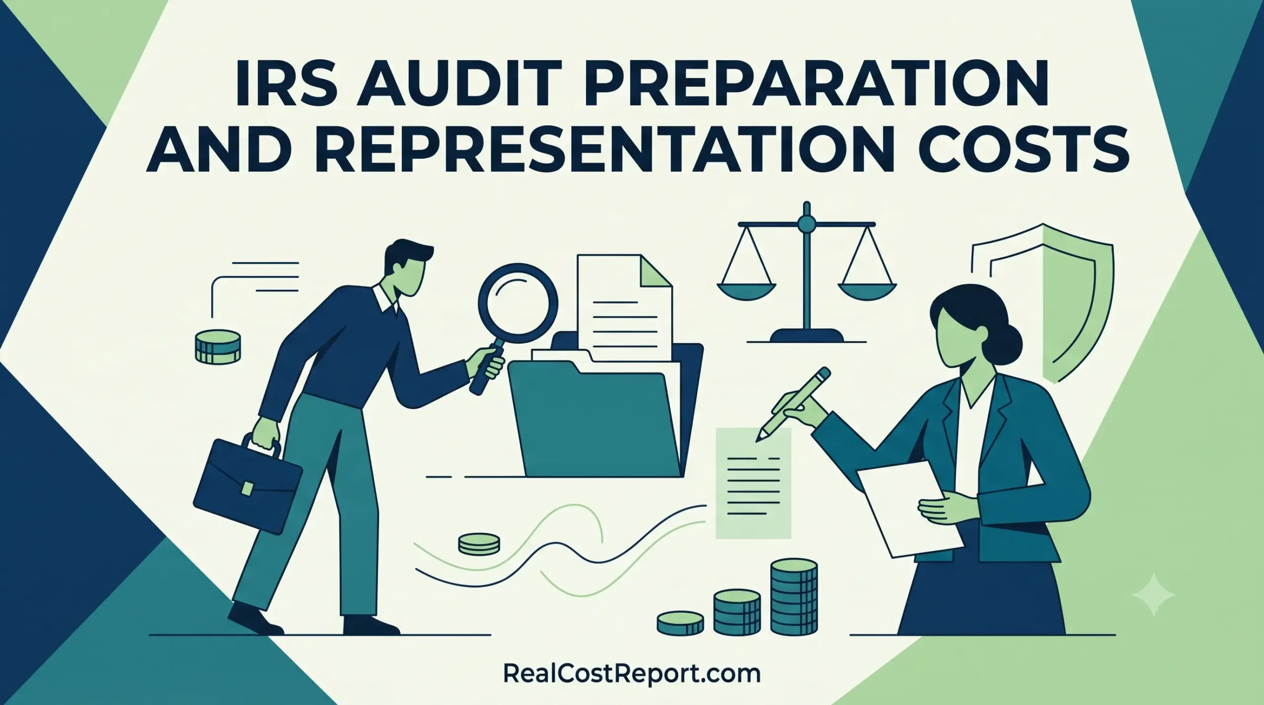 Flat geometric illustration shows professionals reviewing documents, with a balance scale and coins, for IRS audit preparation costs article.