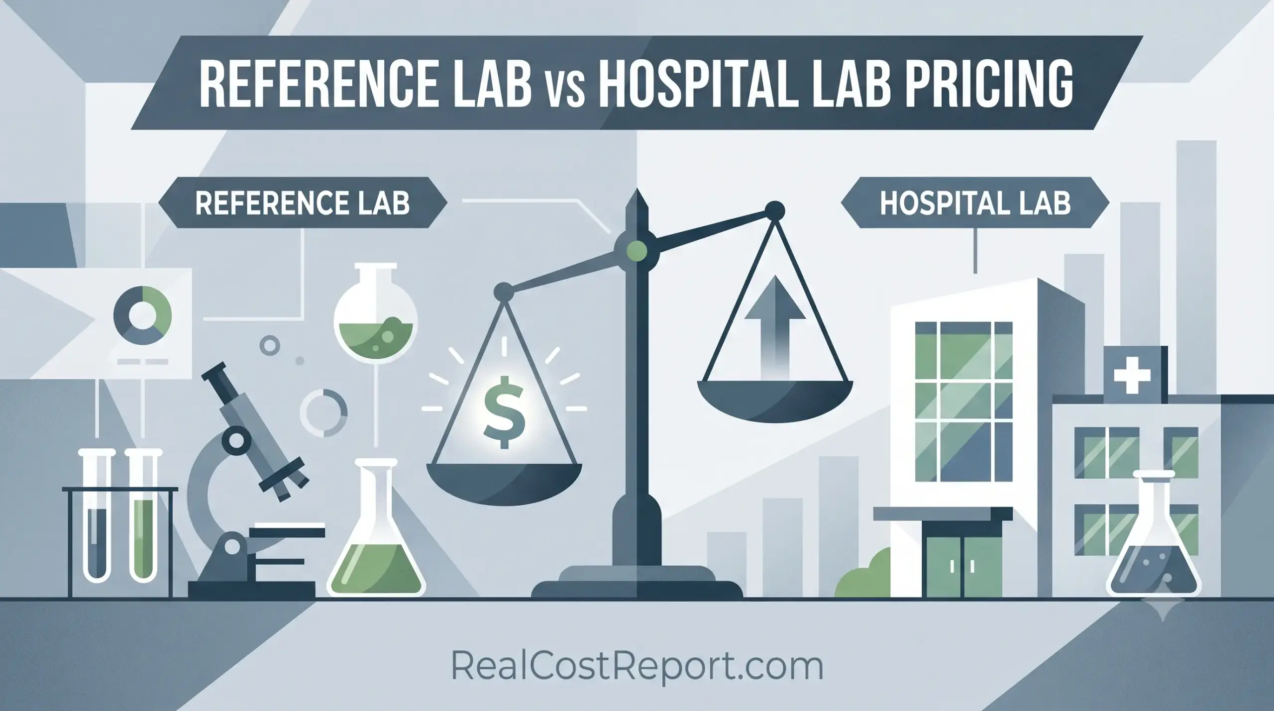 Geometric illustration comparing a microscope and test tubes with a hospital building to represent lab pricing differences.