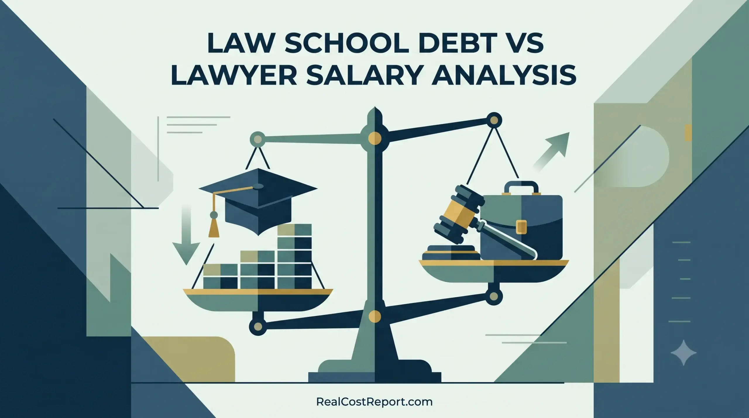 A modern vector illustration of balance scales weighing a graduation cap and money blocks against a legal gavel and briefcase.