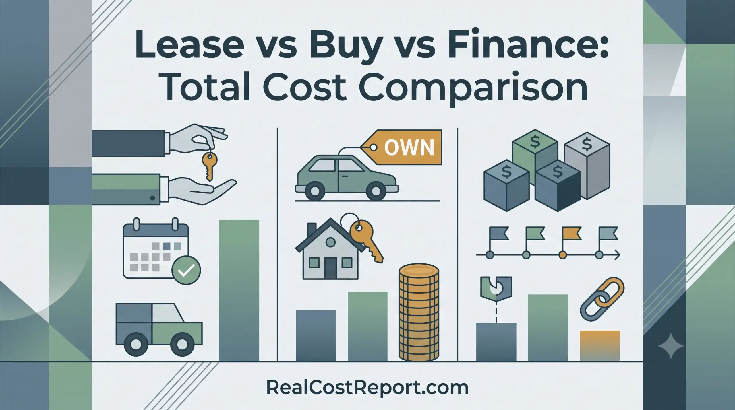 Geometric vector illustration comparing leasing, buying, and financing using car and house icons in a professional blue-green palette.