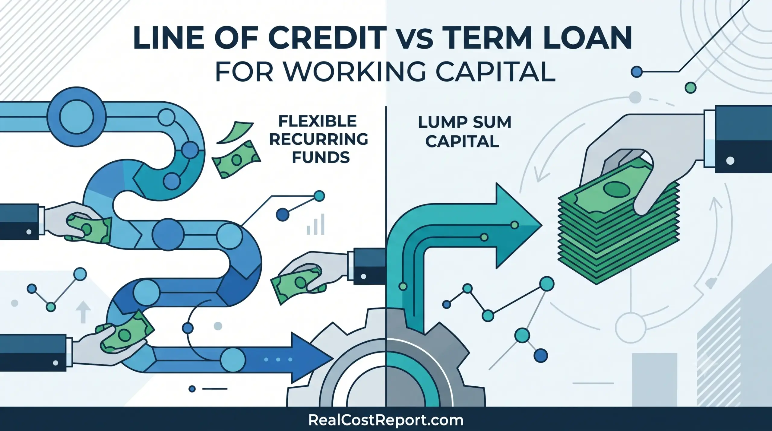 Minimalist illustration comparing flexible recurring funds to lump sum capital for business working capital needs.