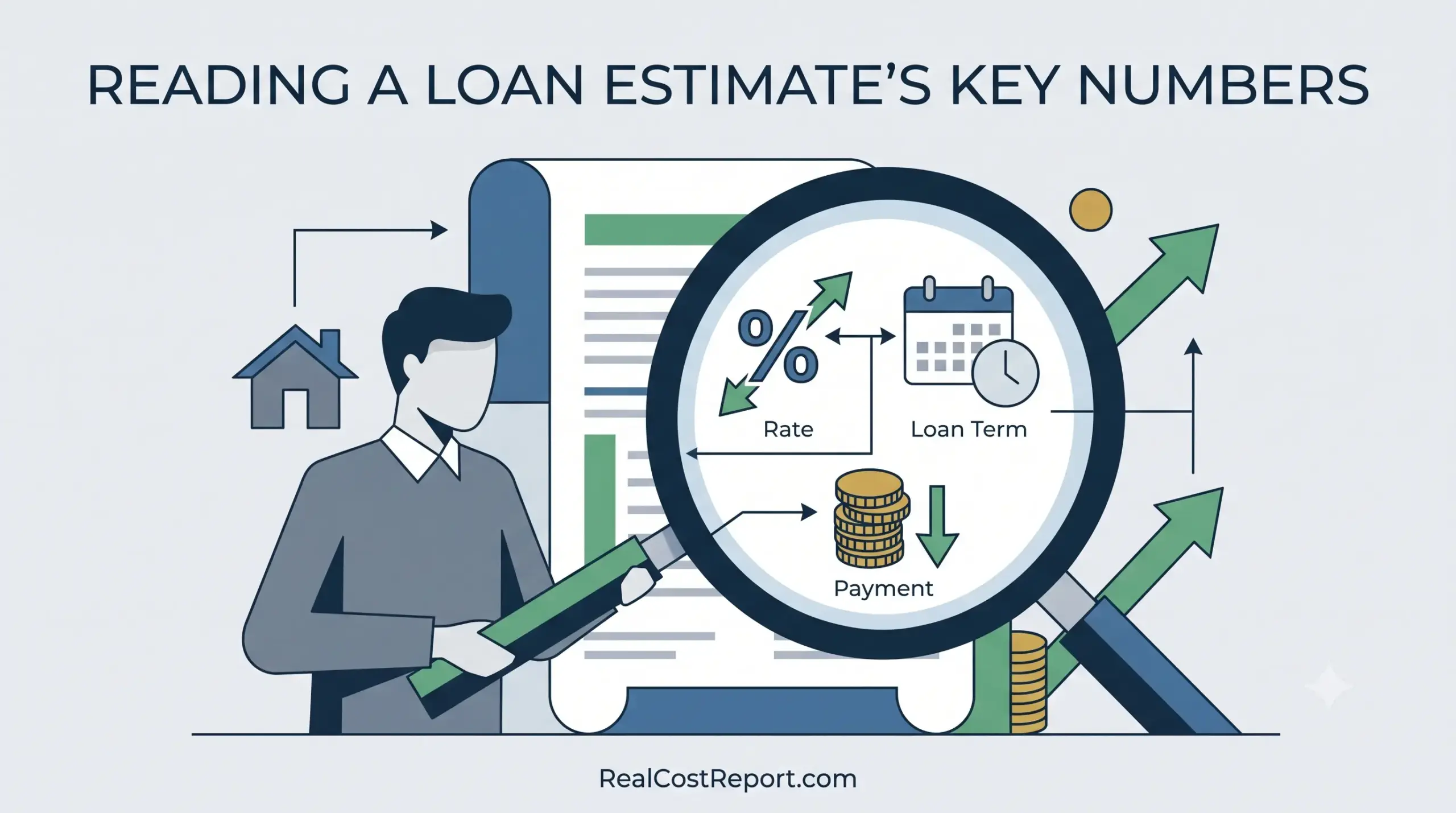 Stylized illustration showing a person using a magnifying glass to review key numbers on a loan estimate form.